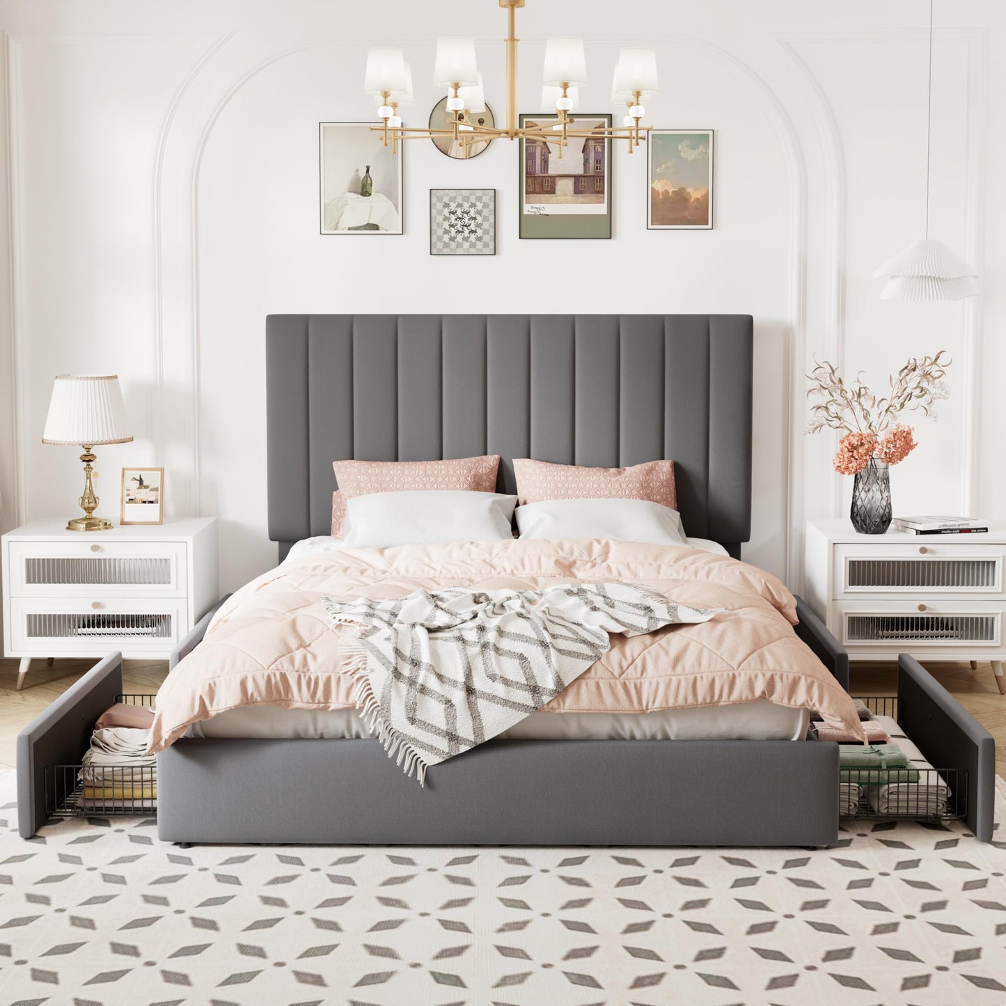 Allewie Queen Size Storage Bed Frame, Vertical Channel Tufted Adjustable Headboard, Velvet Upholstered Platform Bed with 4 Oversized Underbed Drawers, Wooden Slats Support, No Box Spring Needed, Grey