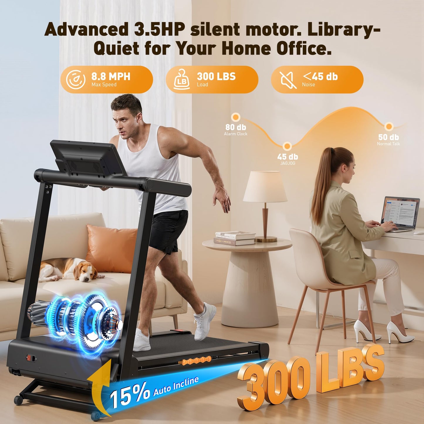 JAGJOG Treadmill for Home with 15% Auto Incline, 3.5HP Quiet Foldable Treadmill, 12 HIIT Programs, 14.96" Wide LED Touchscreen, Smart App & Heart Rate, 300 LBS Capacity, Fully Assembly（Black