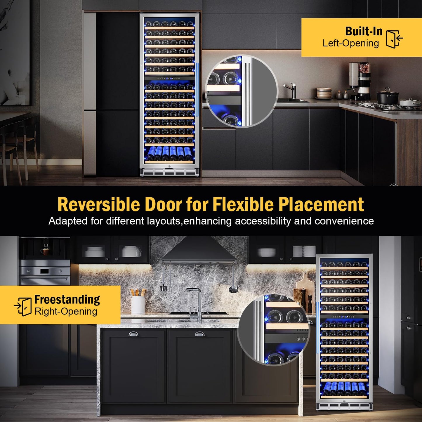 FoMup Wine Cooler Refrigerator 24 Inch, 180 Bottles Large Wine Fridge Dual Zones, Tall Freestanding/Built-in Wine Cellar Professional with Reversible Door Sliding Rail Shelves