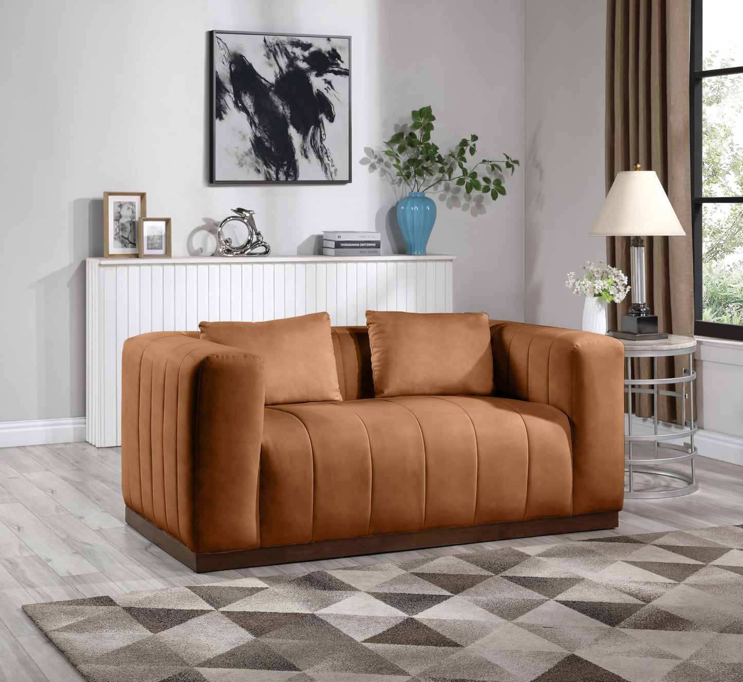 Meridian Furniture 44098Cognac-L Mallina Collection Modern | Contemporary Loveseat with Soft Cognac Vegan Leather, Walnut Finish Solid Wood Base, Deep Channel Tufting, 67" W x 36" D x 28.5" H, Cognac