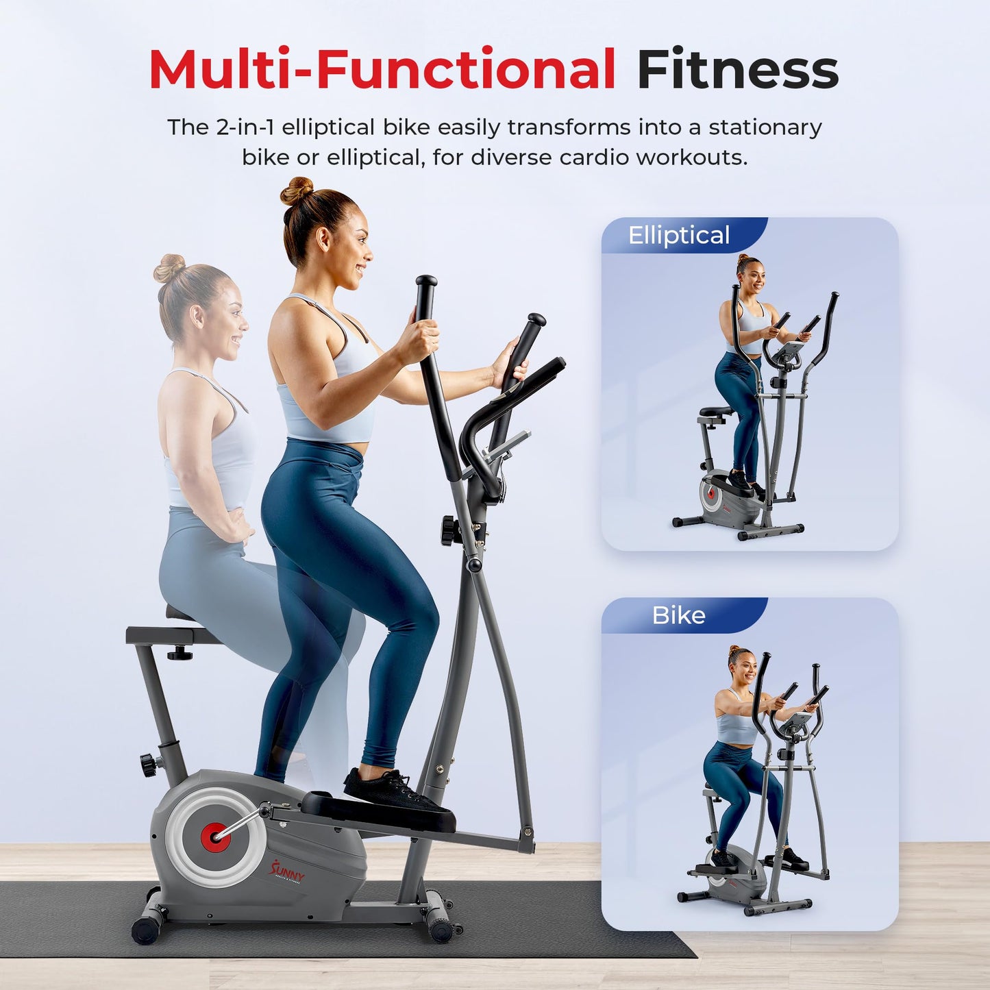 Sunny Health & Fitness Essential Magnetic Resistance 2-in-1 Cross Trainer Elliptical Bike, with Digital Performance Monitor, Optional Bluetooth with Exclusive SunnyFit App - SF-E322004