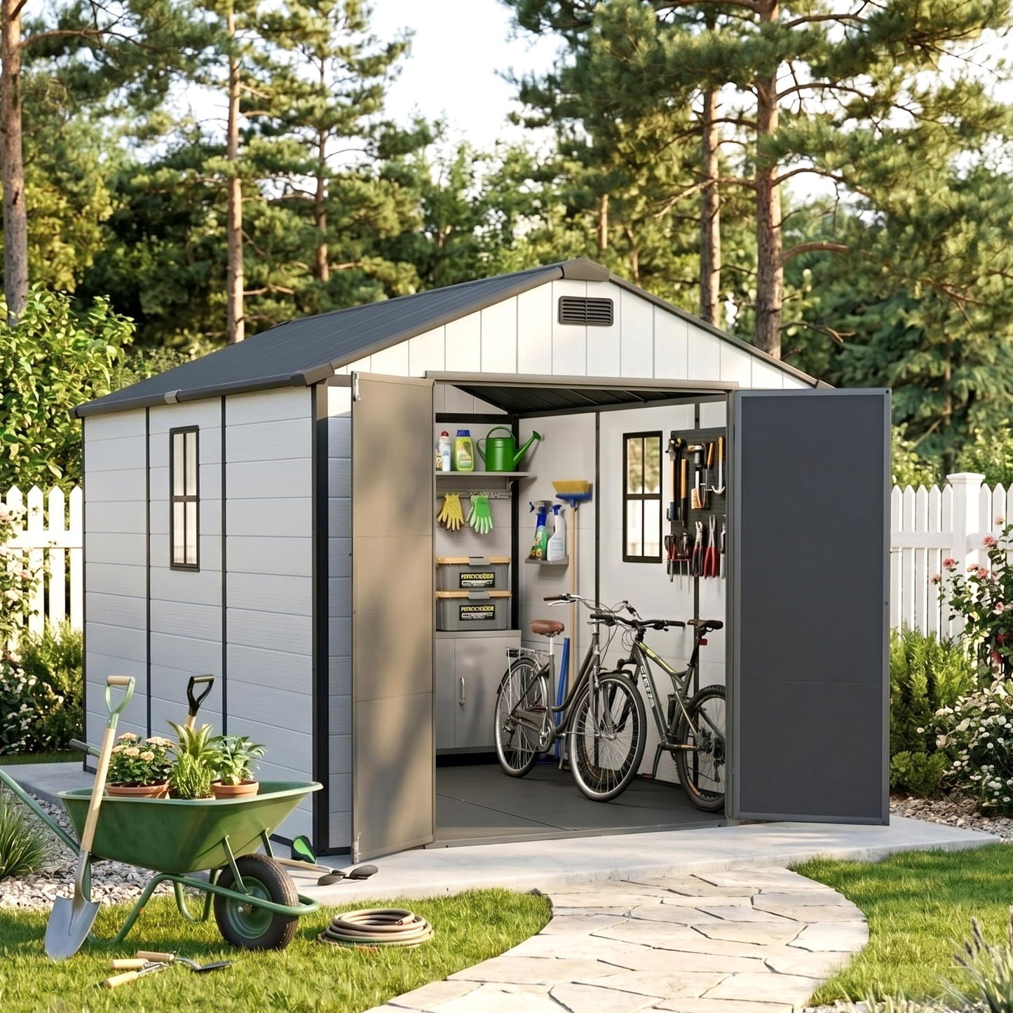 Greesum 8x10FT Resin Outdoor Storage Shed with Floor and Windows, All Weather Plastic Shed with Lockable Door & Vents for Garden, Backyard, Lawn, Light Gray