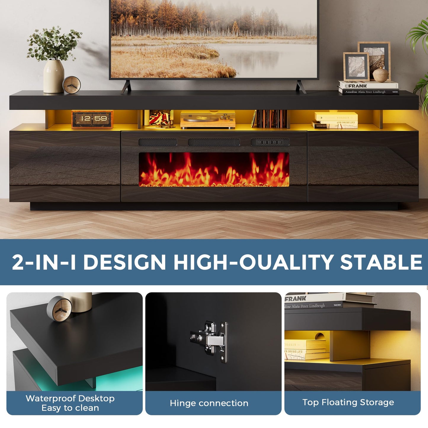 70" Floating Fireplace TV Stand with 36" Crystal Electric Fireplace, LED Entertainment Center for TVs up to 80", Modern Media Console with Mirrored Storage Cabinets for Living Room, Black TV Console