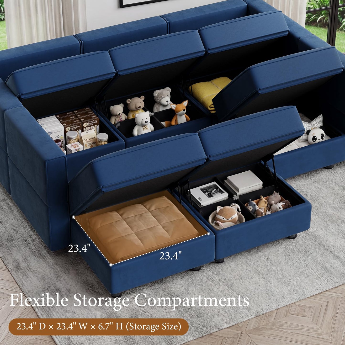 Vesgantti Sectional Sleeper Sofas with Storage, 118" Sofa Bed with 8 Seats Storage Chaises Removable Cover, Deep Seat Modular Couches Velvet Couch Set for Living Room, Apartment, Home Theater, Blue