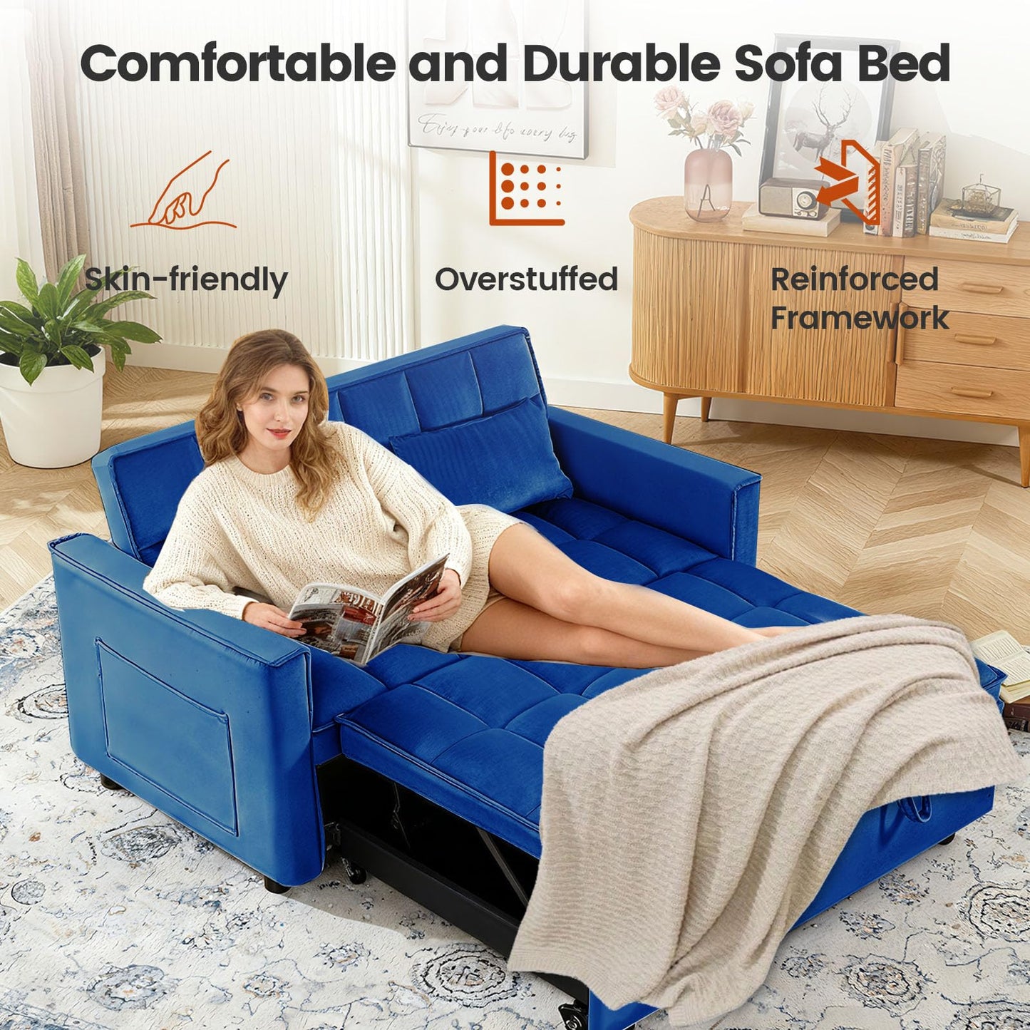 NicBex 3 in 1 Convertible Sofa Bed, Pull Out Couch Bed with Adjustable Backrest, Velvet Fabric Sleeper Sofa with Side Pocket, Loveseat Sleeper Sofa for Small Space, Living Room, Bedroom, Blue