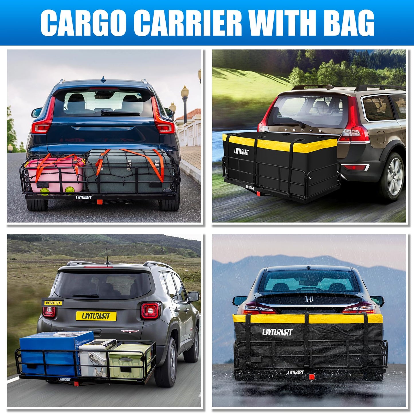 LWTURMRT Trail Hitch Mount Cargo Carrier Basket 58" x 24" x 14" Folding Vehicle Cargo Baskets Fits 2" Receiver with 2" Hitch Stabilizer for SUV can Holder 500LBS (14" high Black+Bag)