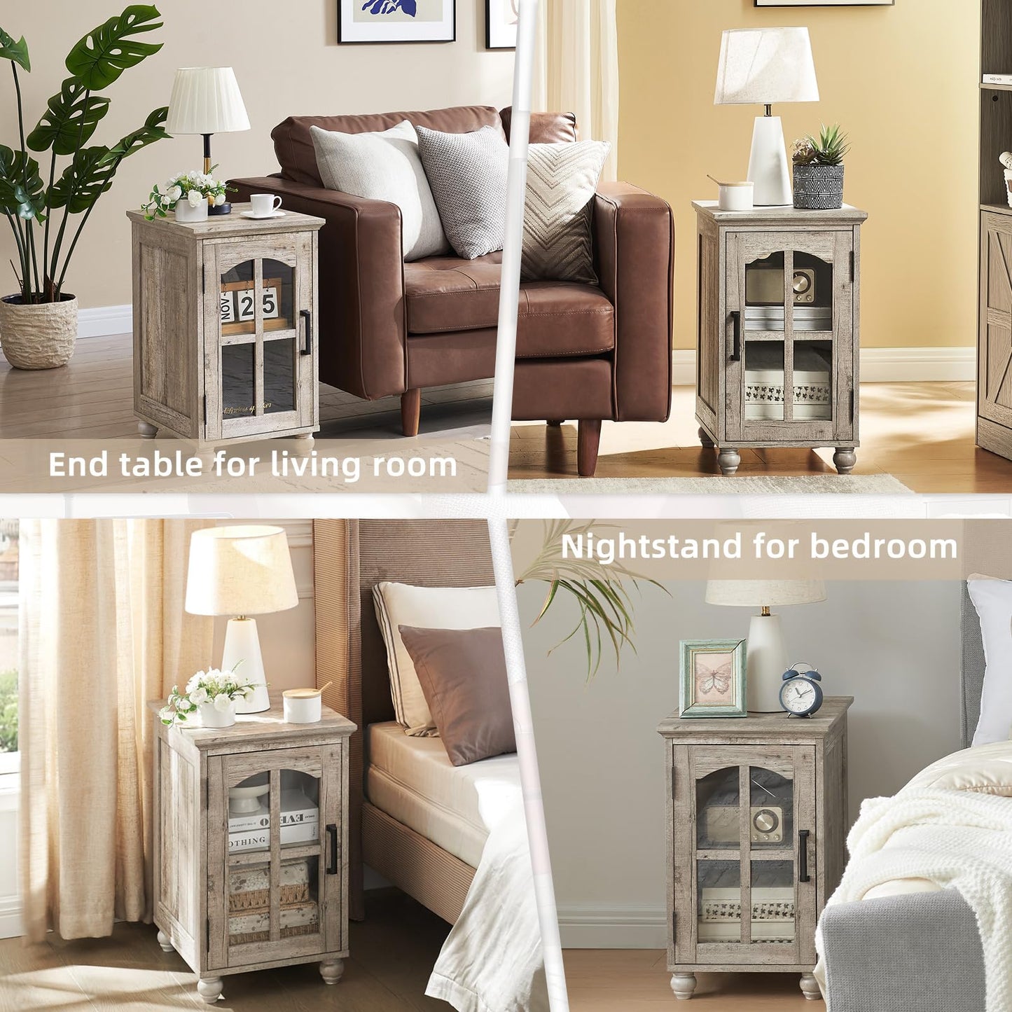 RWYHG Farmhouse End Table Set of 3 with Charging Station, 18'' Narrow Side Table and 24" Large Sofa Side Table with Glass Barn Door Storage, Wood Night Stand Bedside Table for Living Room,Bedroom