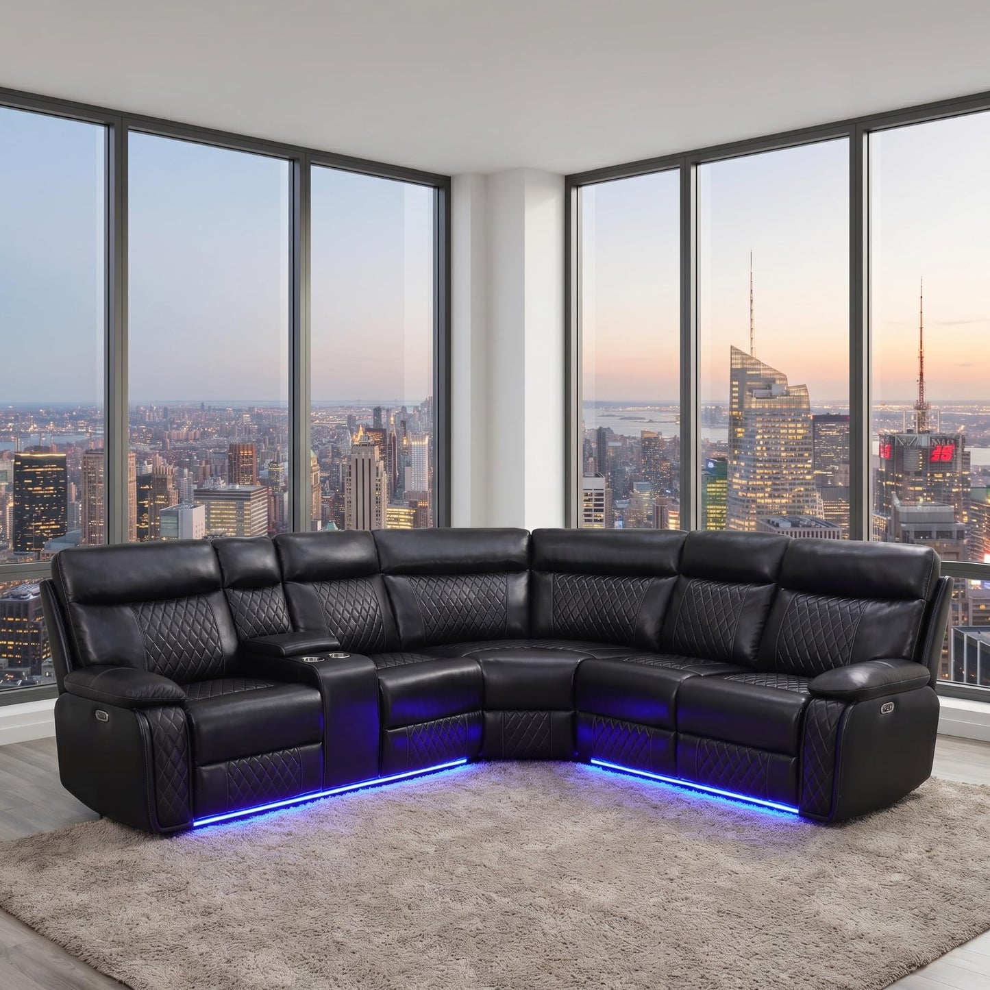 Trygoal Power Reclining Sectional Sofa Set, Modern L-Shaped Couch with Recliner, 4 Seat Power Reclining Sofa, Reclining Sectional Couches for Living Room, Home, Office, Leather, Dark Black