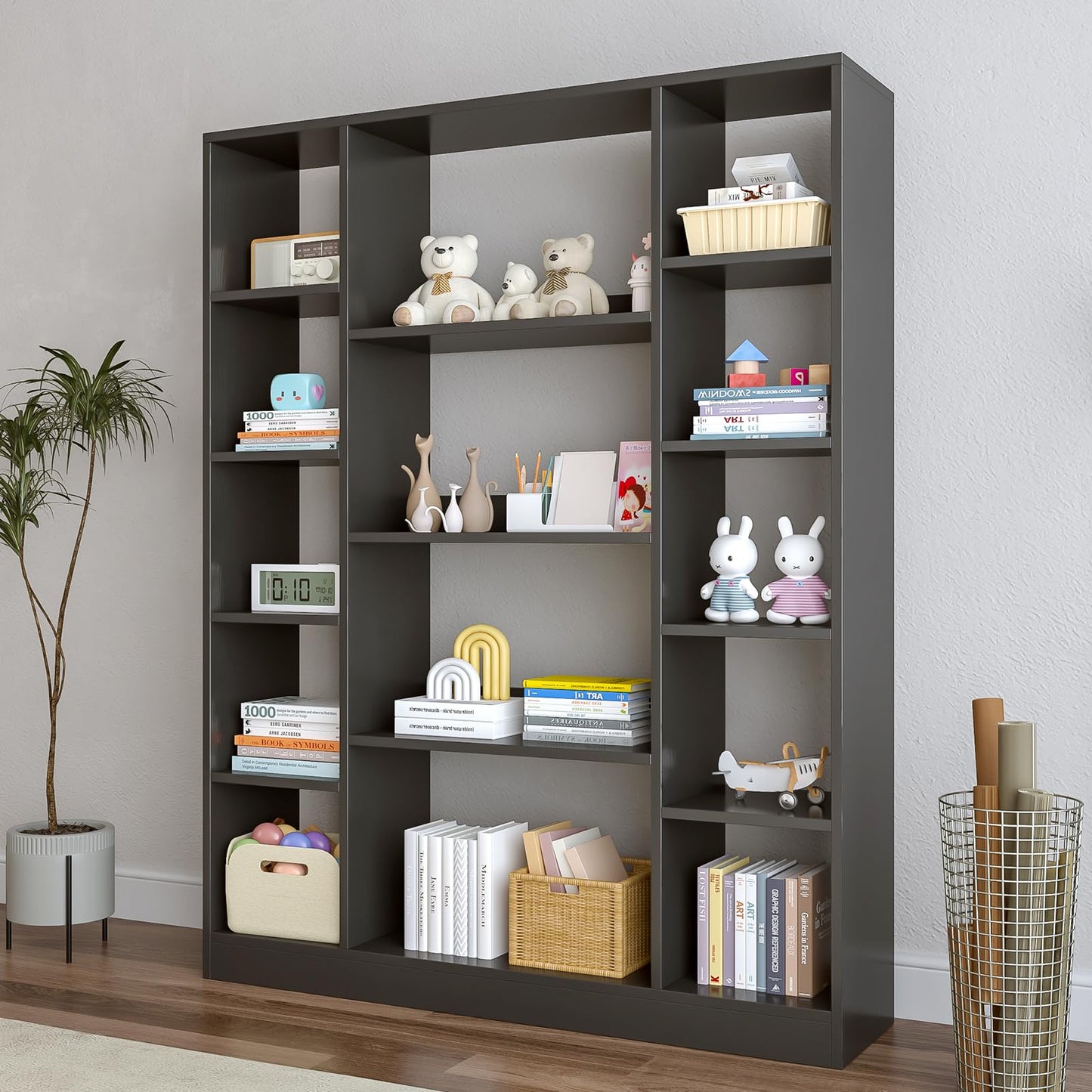 OSCHF Cube Storage Bookcase with Base - Large Wooden Bookshelf with 10 Open Cubes and 4 Shelves for Home and Office, Freestanding Organizer, Black