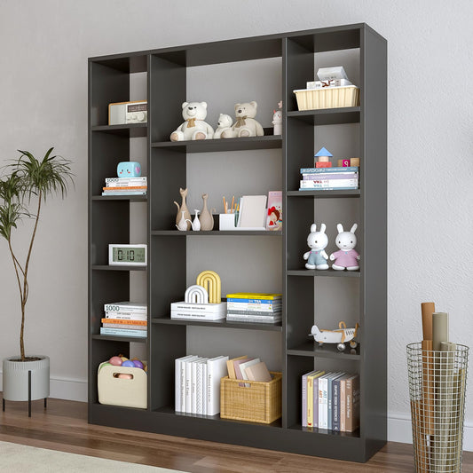 OSCHF Cube Storage Bookcase with Base - Large Wooden Bookshelf with 10 Open Cubes and 4 Shelves for Home and Office, Freestanding Organizer, Black