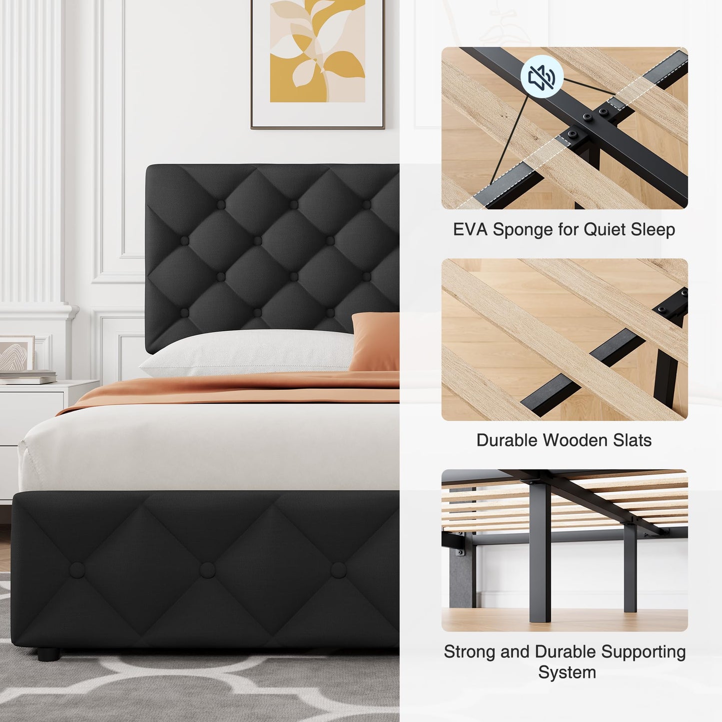 IDEALHOUSE Full Size Bed Frame with 4 Storage Drawers and Adjustable Headboard, Linen Upholstered Platform Beds, Diamond Stitched Button Tufted, No Box Spring Needed, Black