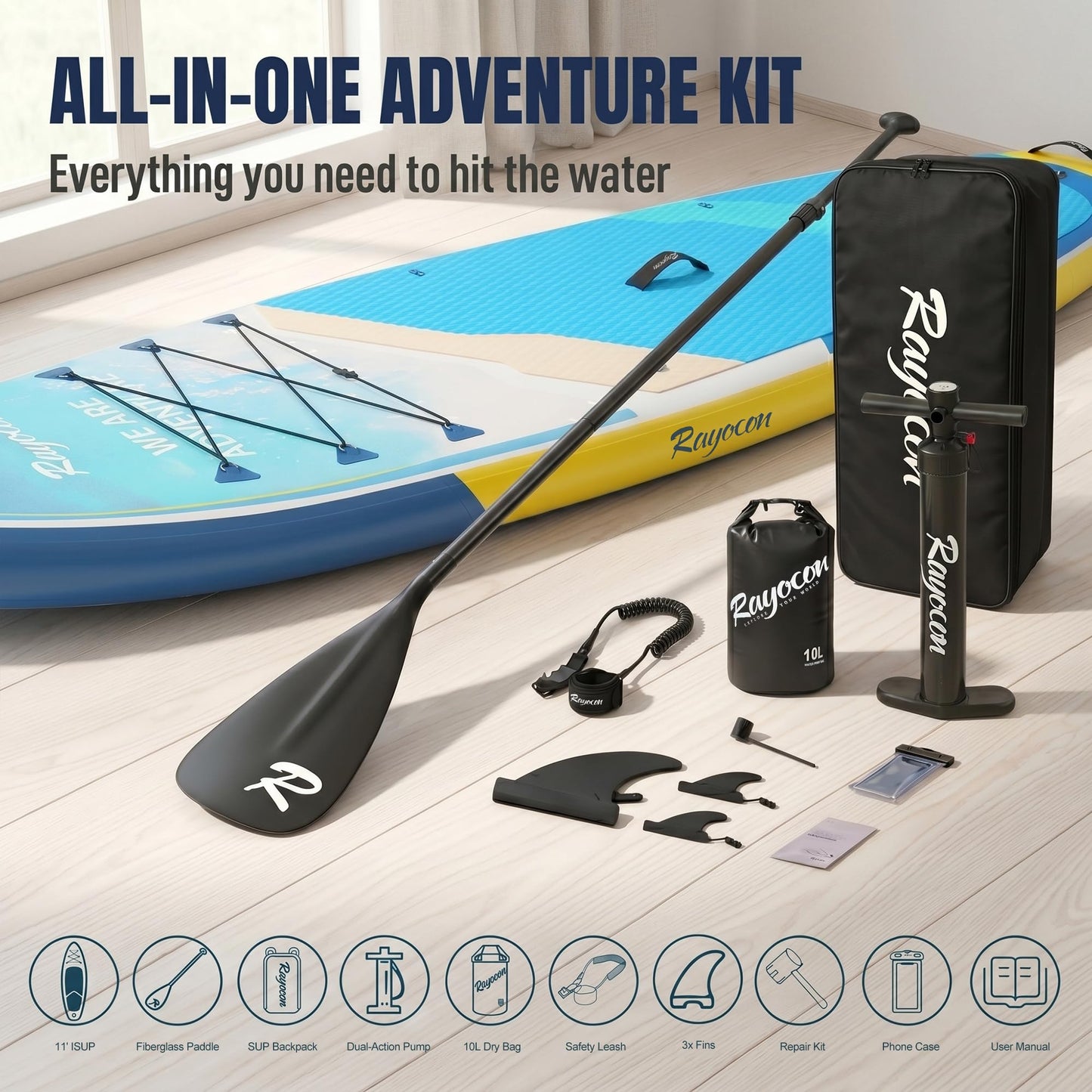 Inflatable Stand Up Paddle Board 11'×34" Extra Wide SUP, Ultra-Stable for Adults & Dog, 450lbs, Dual Chamber Pump, Fiberglass Paddle, Military Grade Dual Layer, Ocean Wave Design
