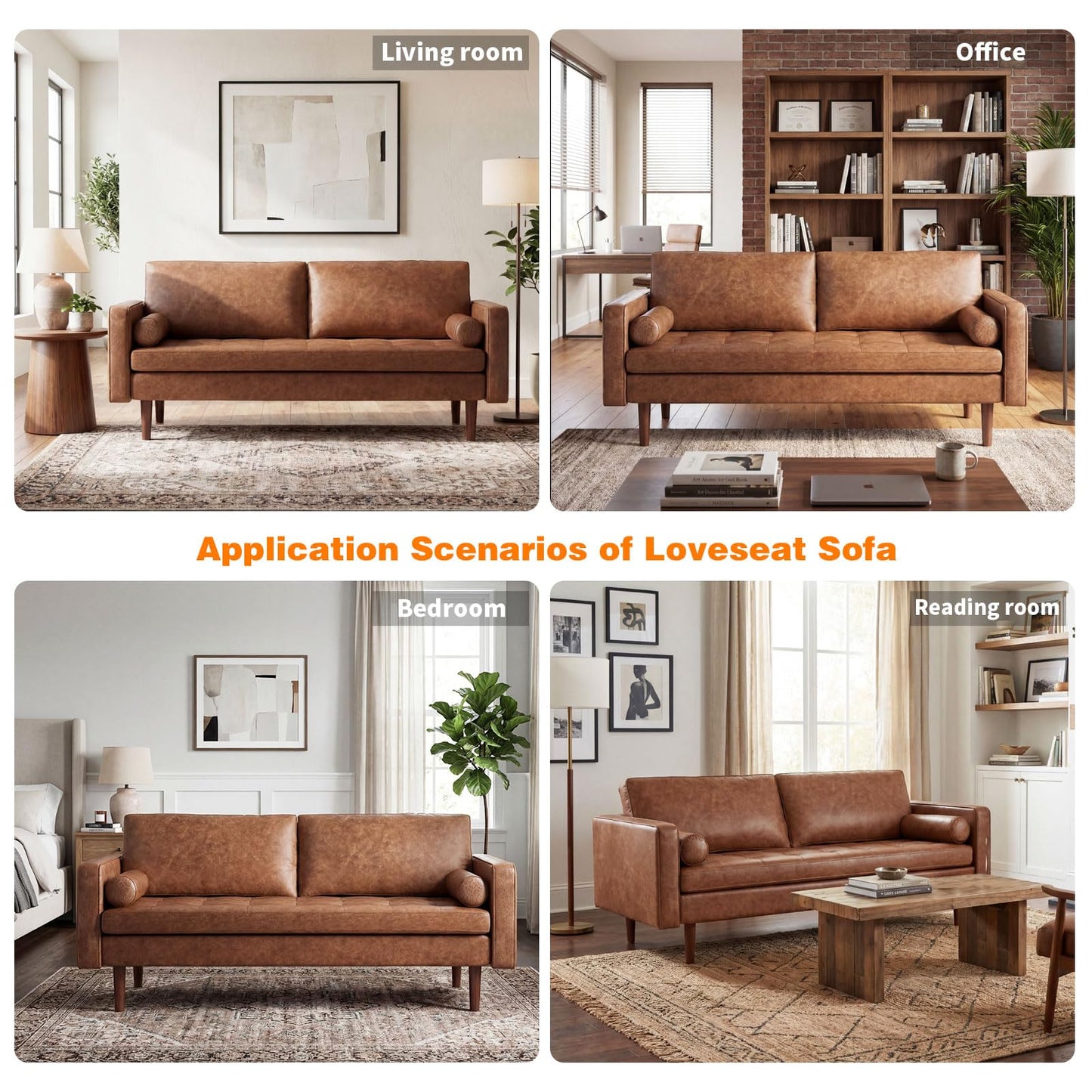 Meeyar 70" Mid-Century Modern Faux Leather Sofa, Comfortable Button Tufted Loveseat Couch with Bolster Pillows & Solid Wood Legs for Living Room, Apartment, Office, 1100lbs Capacity, Brown
