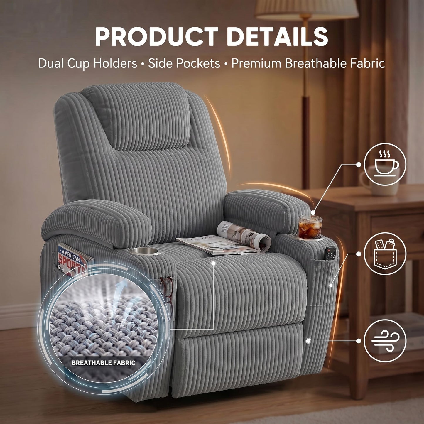 Flamaker Power Lift Chair Massage Recliner Chairs for Elderly, Corduroy Ergonomic Design with Cup Holders & Side Pockets, Remote Control (Dark Gray)