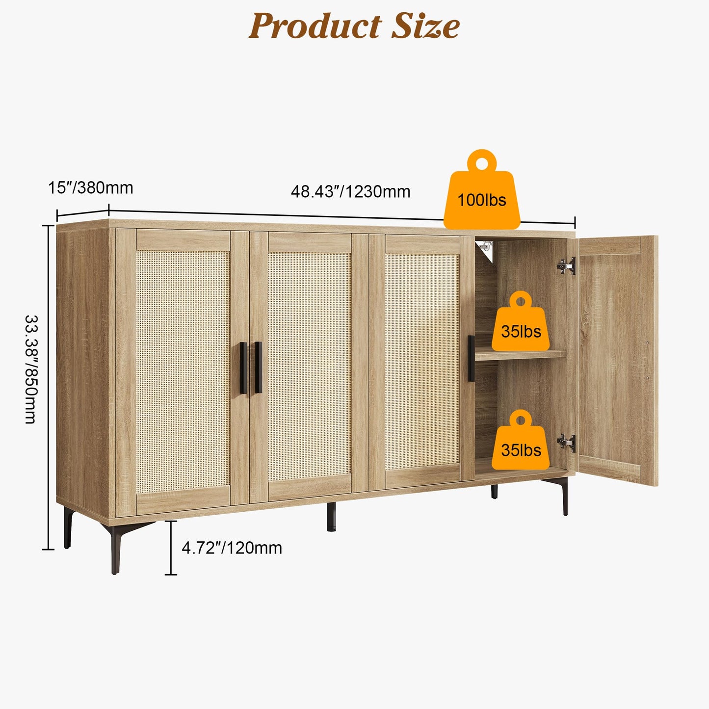 JASIWAY Buffet Cabinet with Storage, 48" Rattan Coffee Bar Cabinet Station