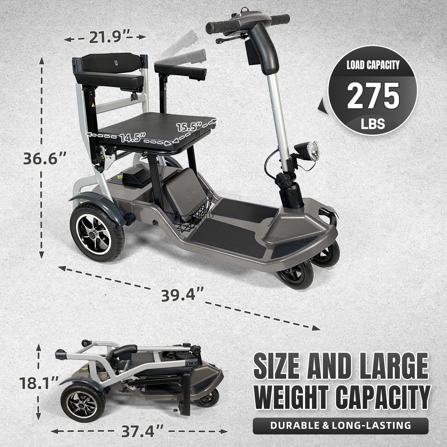 ZiiLIF R3b-Mobility Scooters for Seniors Adults Ultra Lightweight 37.5 Ibs Electric Folding 4 Wheel Mobility Scooter with Cup Holder, Compact & Convenient for Travel Airline Approved, Gray