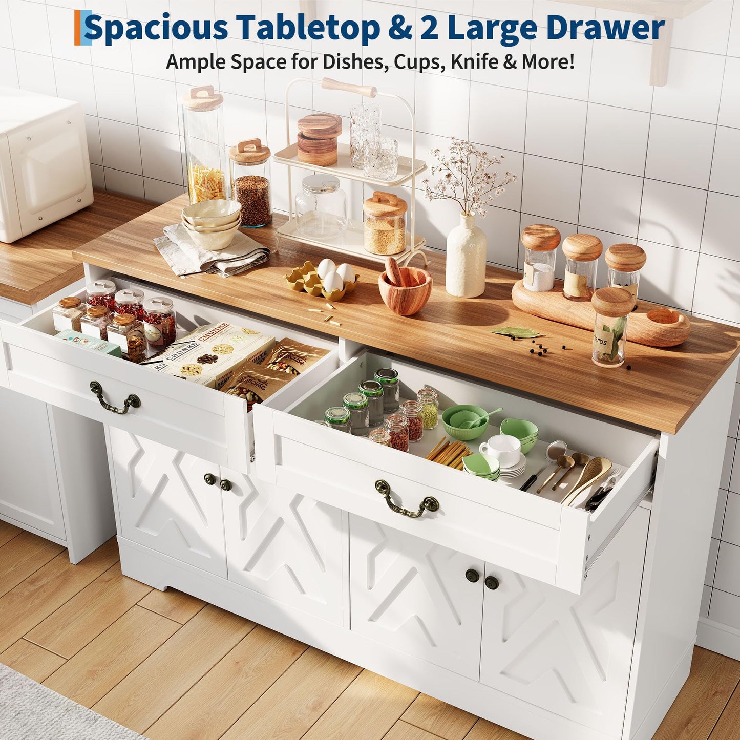 GarveeHome 57 in Modern Farmhouse Sideboard Buffet Cabinet with 2 Drawers & Adjustable Shelves, Large Kitchen Storage Cabinet, Dining Room Coffee Bar Organizer, White
