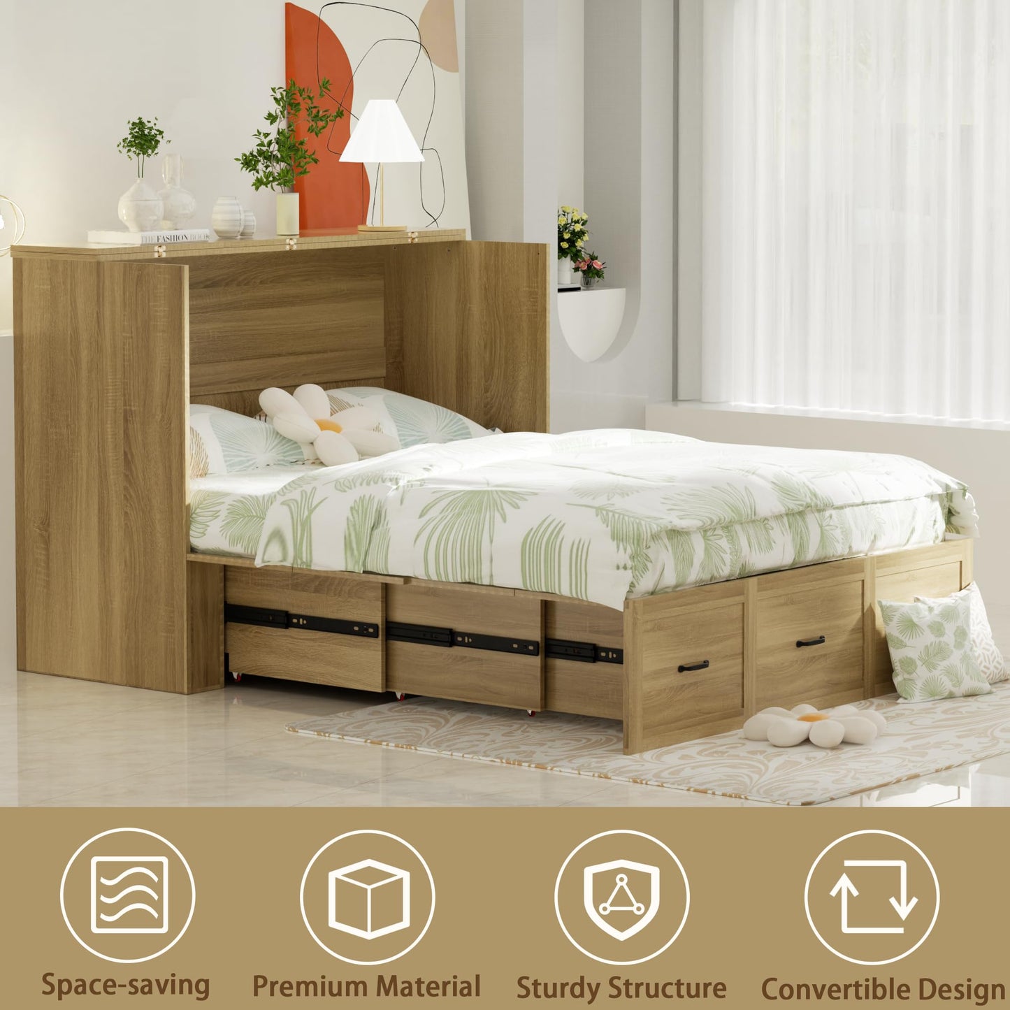 QUNTTINA Full Size Murphy Bed Wood Wall Bed Cabinet with Large Drawer Space-Saving Hidden Foldable Platform Bed Chest Mobile Cabinet Bed Frame Storage Cabinet with USB Ports for Bedroom, Guest Room