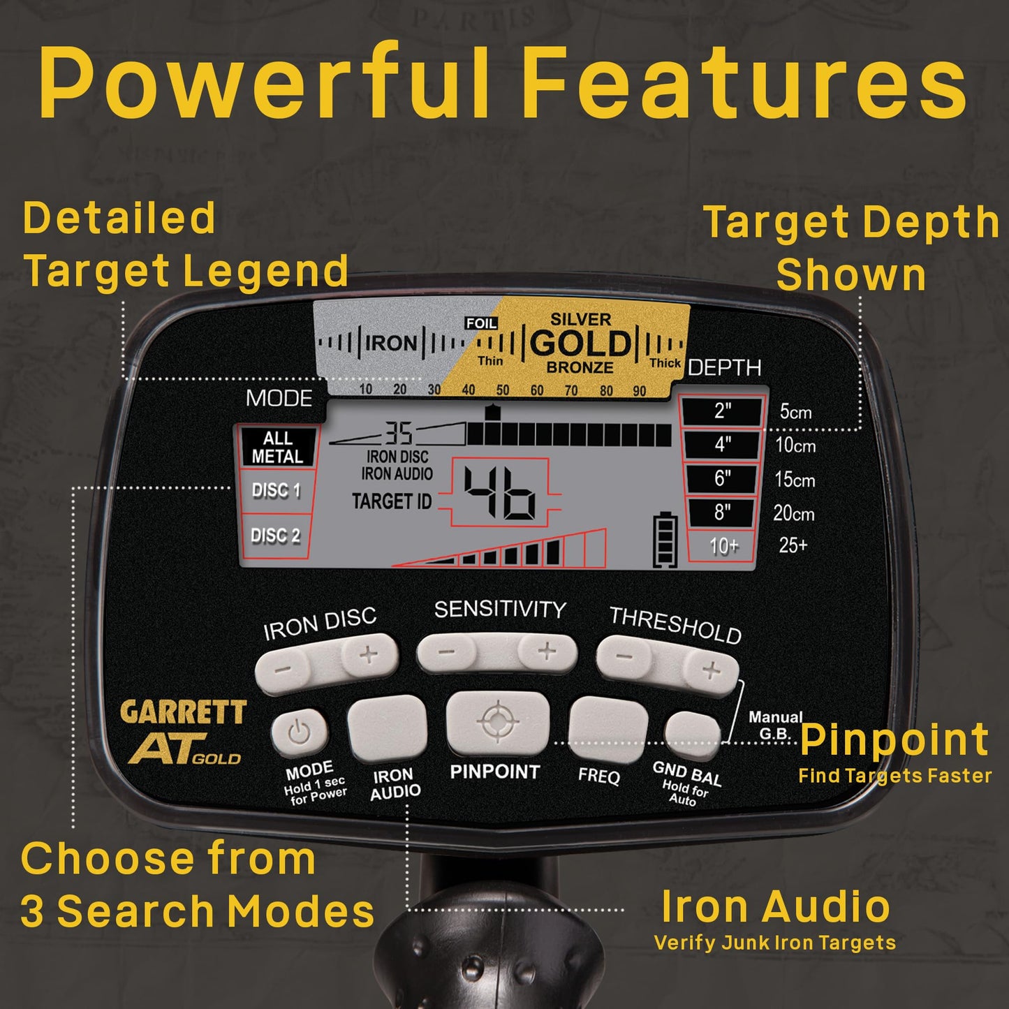 Garrett - A.T. Gold - Made in The USA - Waterproof Gold Metal Detector with Pinpointer and Headphones - All-Terrain Metal Detector with Iron Audio to Identify Junk Iron