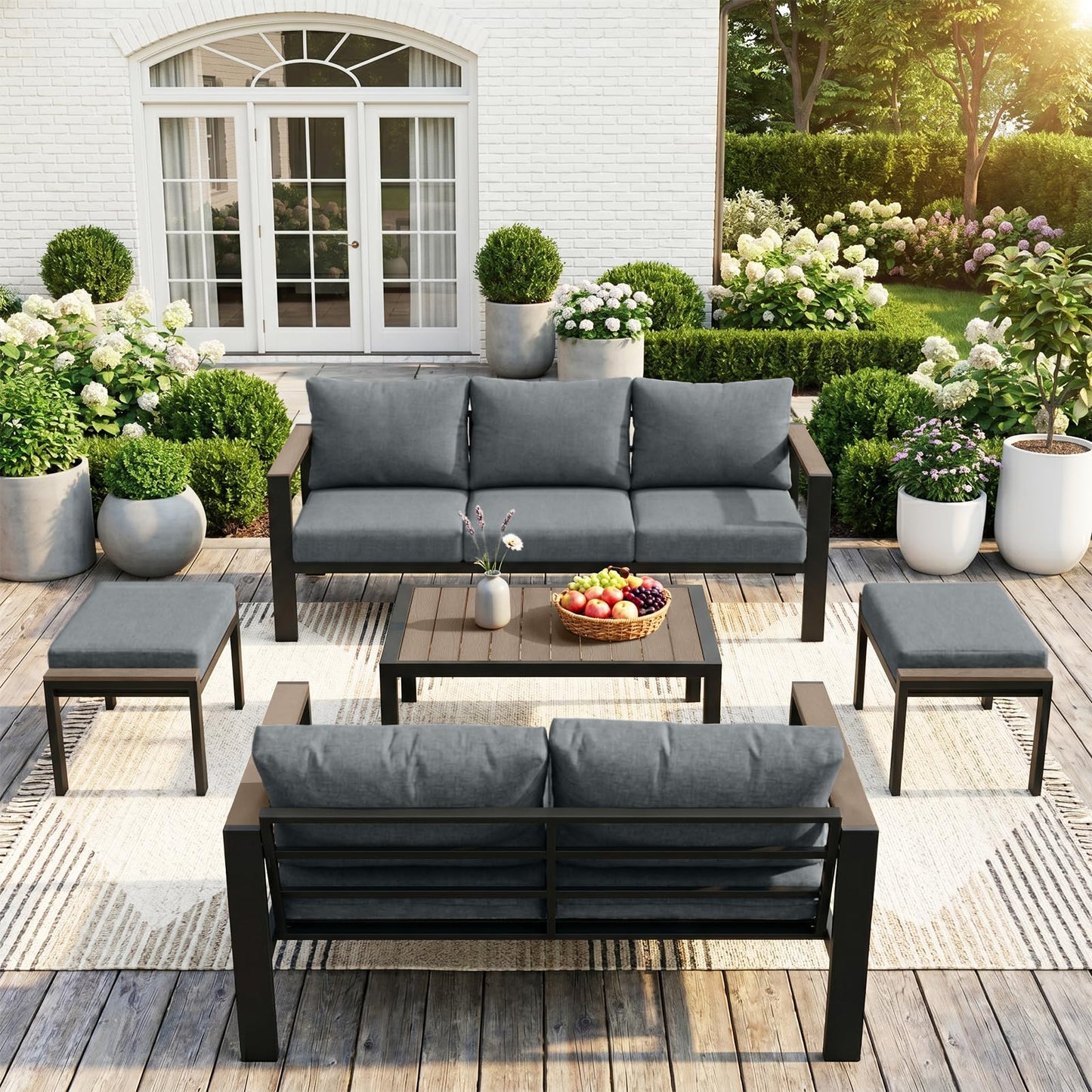 SAILARY Outdoor Patio Furniture Set 5 Pieces Luxury Aluminum Patio Conversation Set with Coffee Table and 2 Ottoman 7 Seats, Thick Cushions, Large Sectional Sofa for Porch, Balcony, Deck, Yard, Gray