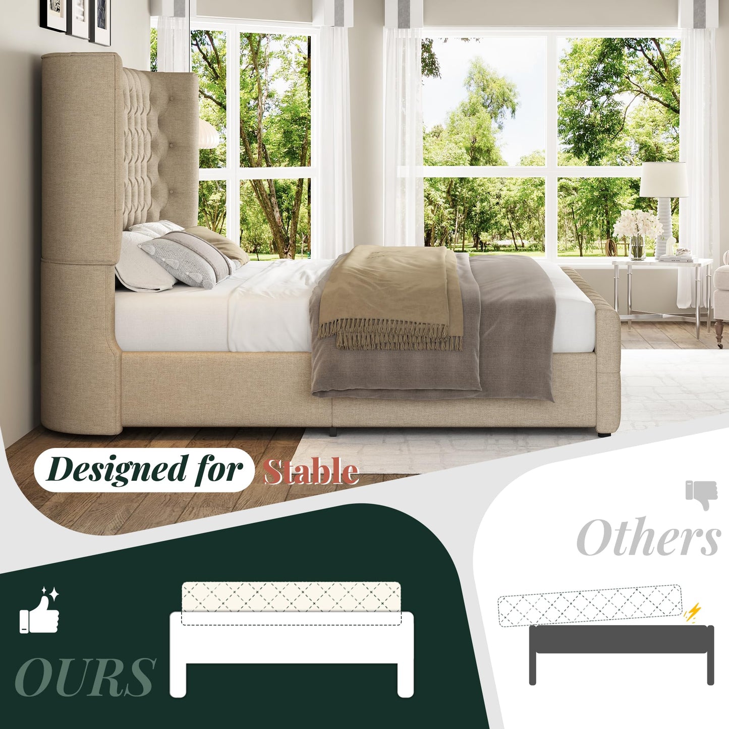 Jocisland Queen Size Upholstered Bed Frame with 6.3-Inch Curved Wingback Headboard, Tufted Footboard, Wood Slats, No Box Spring Needed, Khaki Linen