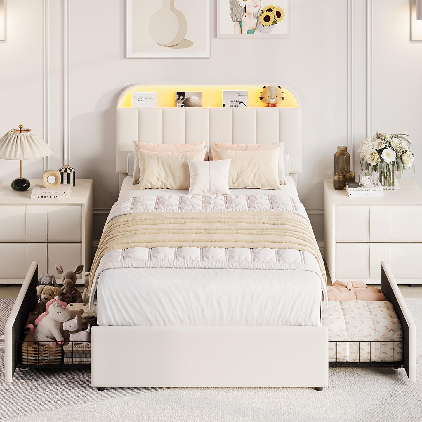 GarveeHome Twin XL Bed Frame with Storage Headboard, Kids Bed Frame with 2 Drawers, Velvet Upholstered Platform Bed Frame with Lights, No Box Spring Needed, Easy Assembly, Velvet White