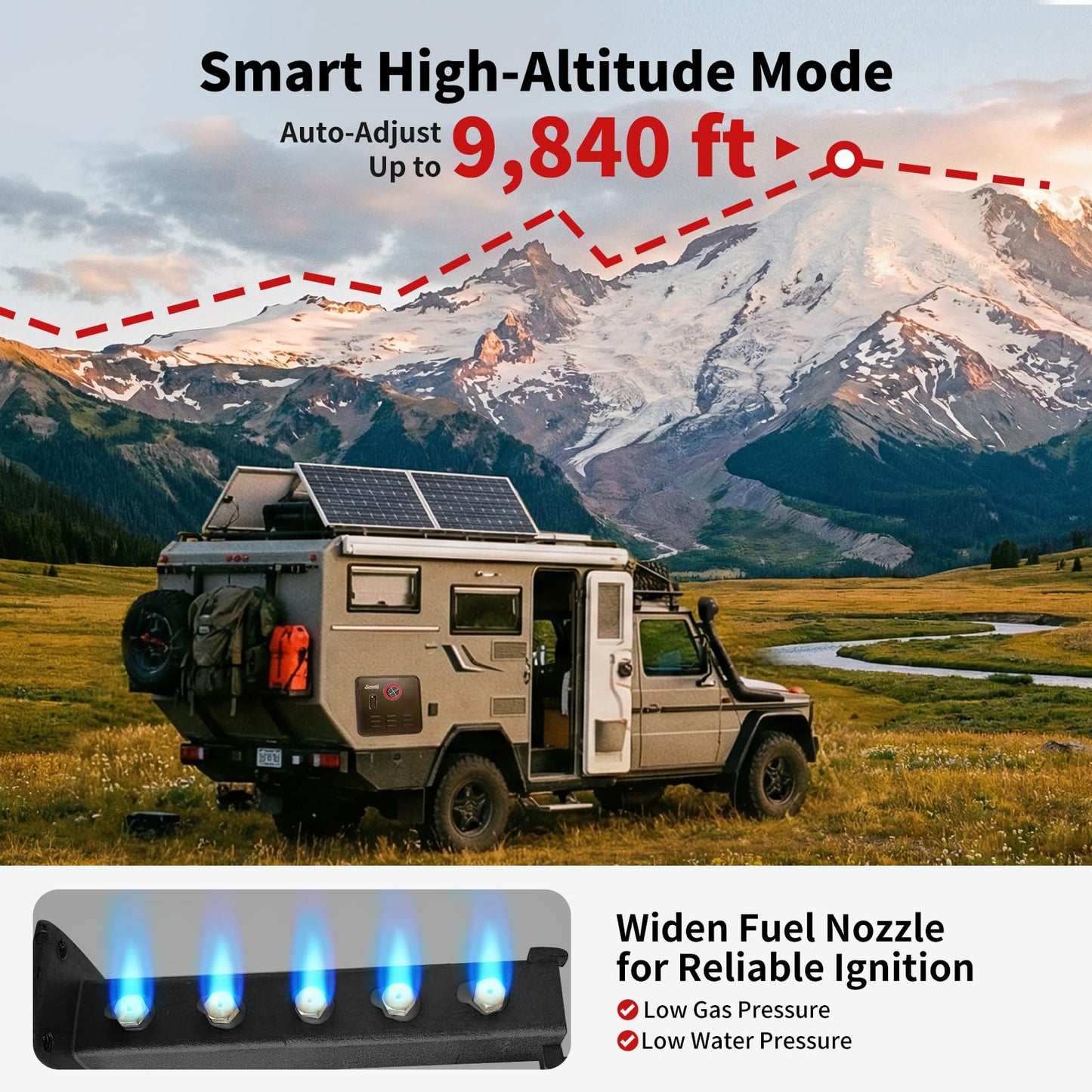 RV Tankless Water Heater 12V, 65,000 BTU Propane Powered Instant Hot Water, Includes 15''×15'' Lockable Door & Remote, Anti-Freeze & High Altitude, CSA Certified for Safe Off-Grid Camping