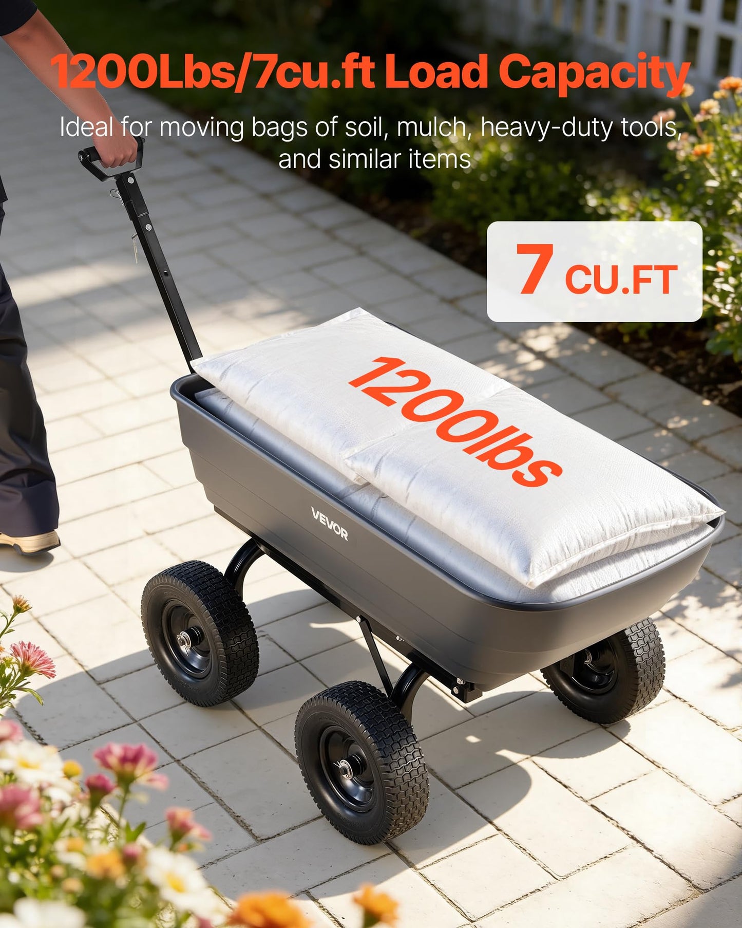 VEVOR 7 Cu.Ft 1200LBS Poly Garden Cart Dump Wagon, Heavy Duty Wheelbarrow with 2-in-1 Convertible Handle and 13" Flat Free Tires, Utility ATV Trailer Yard Dump Cart Tow Behind for Lawn Mower Tractor