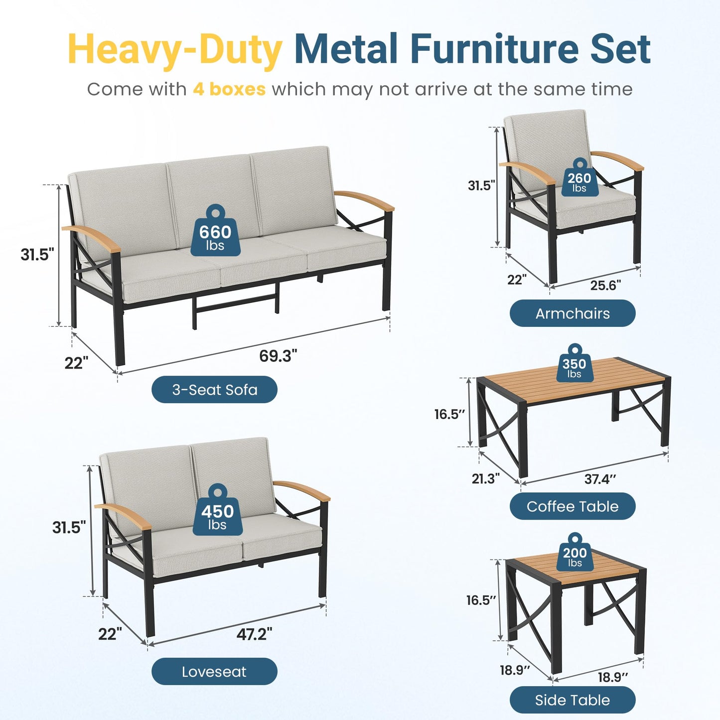 6-Piece Outdoor Patio Furniture Set for All-Weather, Heavy-Duty Metal Outside Furniture with Washable Thick Cushions, Patio Sectional with Coffee Table for Patio, Deck, Backyard, Garden, Beige