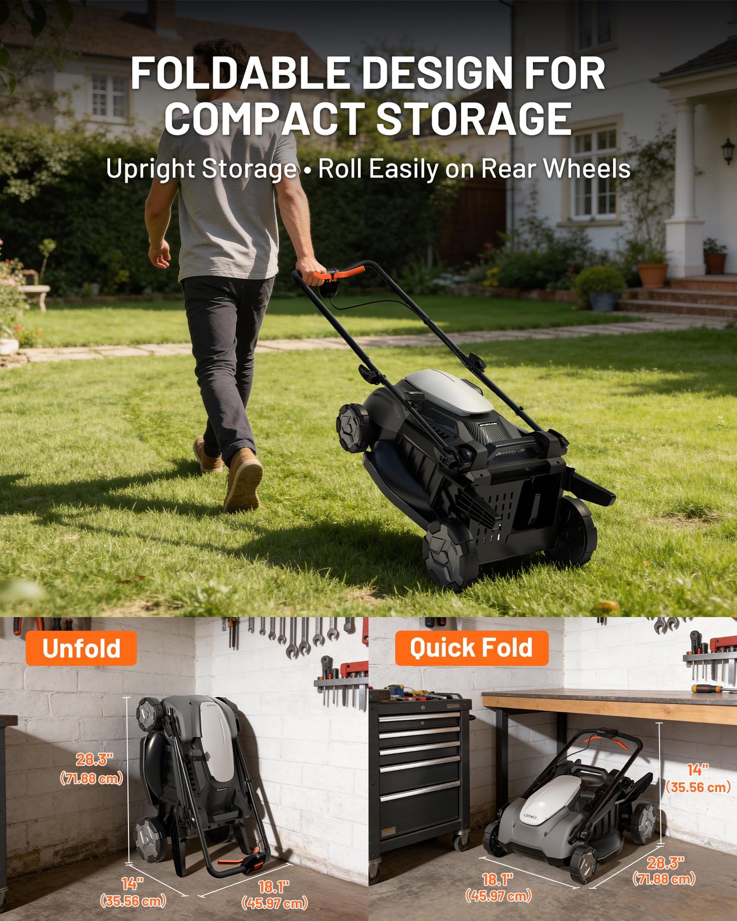 Litheli 18-inch 40V Brushless Lawn Mower for Garden Yards, Lightweight Cordless Lawn Mower Battery Powered with 6-Position Height Adjustment, 2x5.0Ah Battery Included