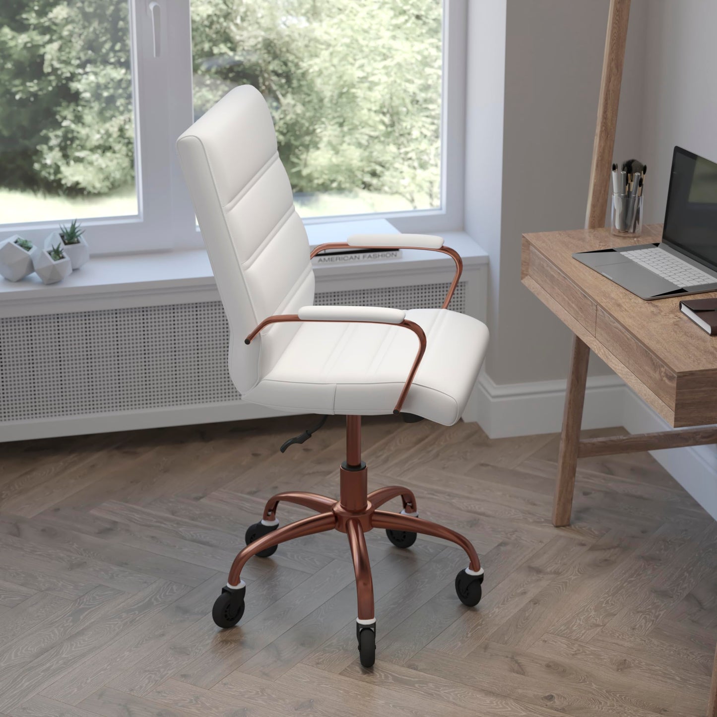 Flash Furniture Camilia Mid-Back White LeatherSoft Executive Swivel Office Chair with Rose Gold Frame, Arms, and Transparent Roller Wheels