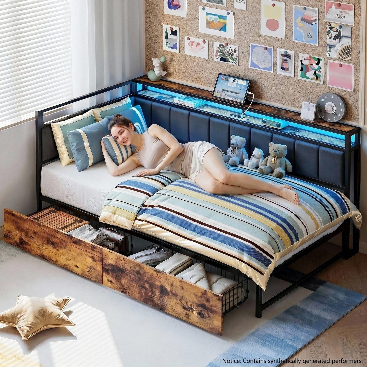 LIKIMIO Corner Bed Frame Twin Daybed with Storage Drawers, Metal Platform Bed Frame with LED Light, Charging Station & Fabric Upholstered Fence, Black