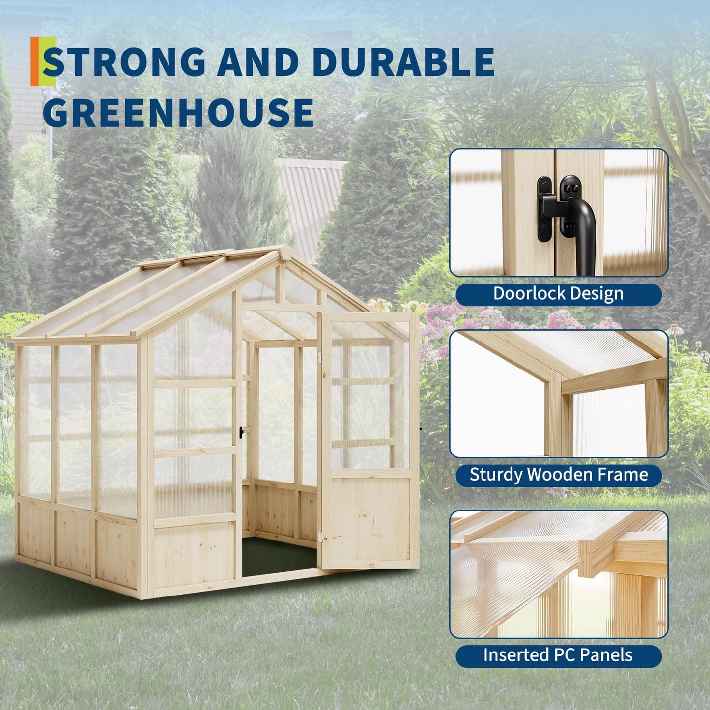 GarveeLife Wooden Greenhouse, 8x6 ft Greenhouses for Outdoors with Lockable Door, Wood Frame & Adjustable Vent, Heavy Duty Greenhouse with Polycarbonate Panel for Outside, Garden, Yard, Light Brown
