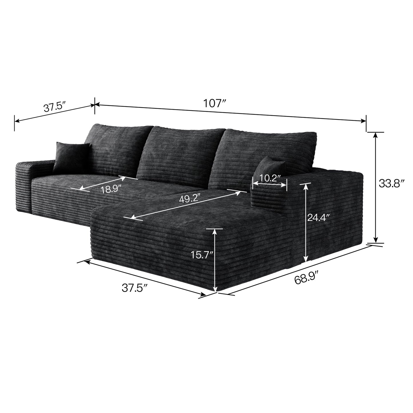 107" Oversized Cloud Sectional Sofa Boneless Couches for Living Room, Right Facing Chaise Modular L Shaped Corner Couch with Deep Seat, Memory Foam Compressed Sofa, No Assembly Required