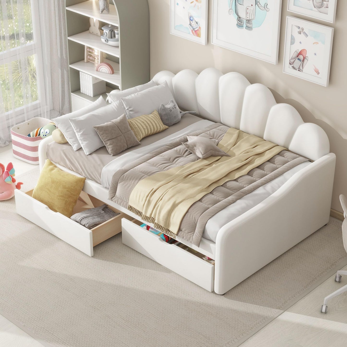 Merax Full Size Modern Upholstered Sofa Day Bed with Shall Shaped Backrest & Storage Drawers, Mutifunction Platform Bed with Wood Slat Support,Velvet Storage Bed Frame with Headboard/Twin, White