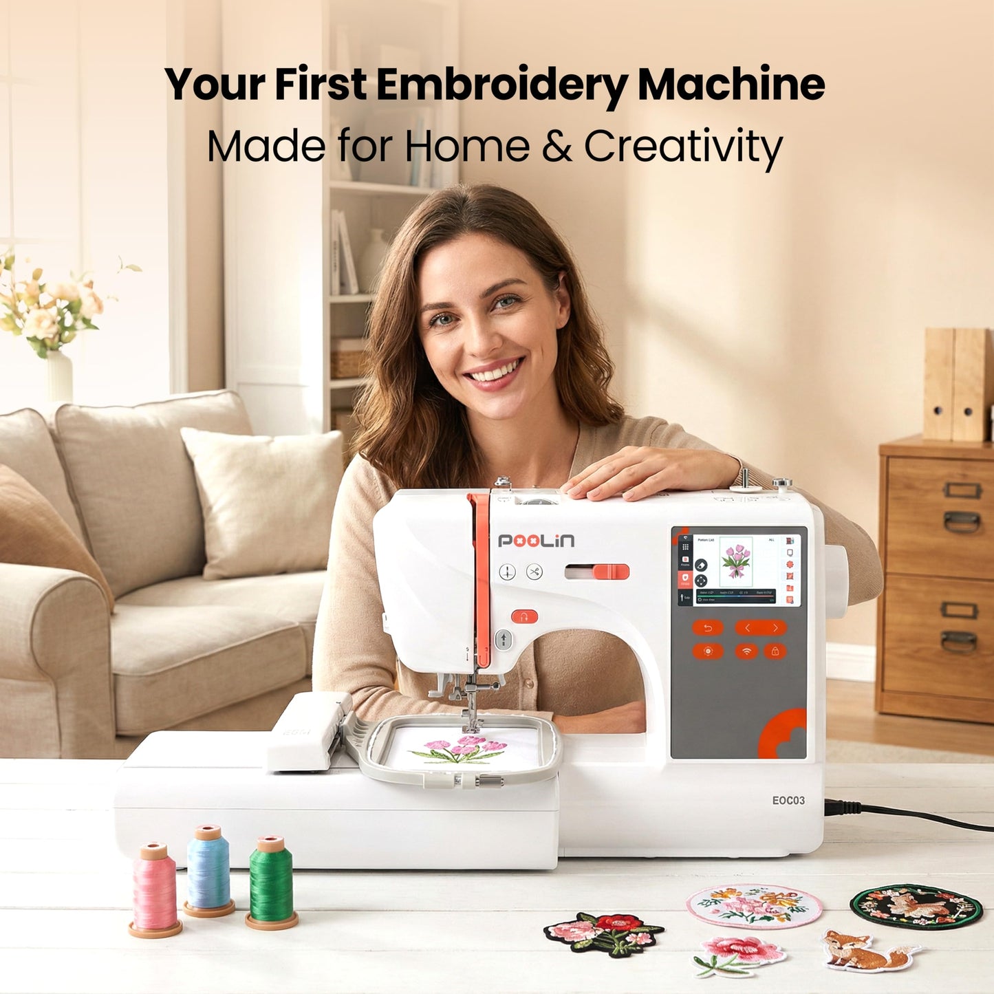 PooLin EOC03 Embroidery Machine 4x4 & 4x9.25 Embroidery Area for Beginners, Easy Operation System, 130 Built-in Designs, 8 Fonts, WiFi Design Transfer, Home DIY Embroidery Machine with Starter Kit