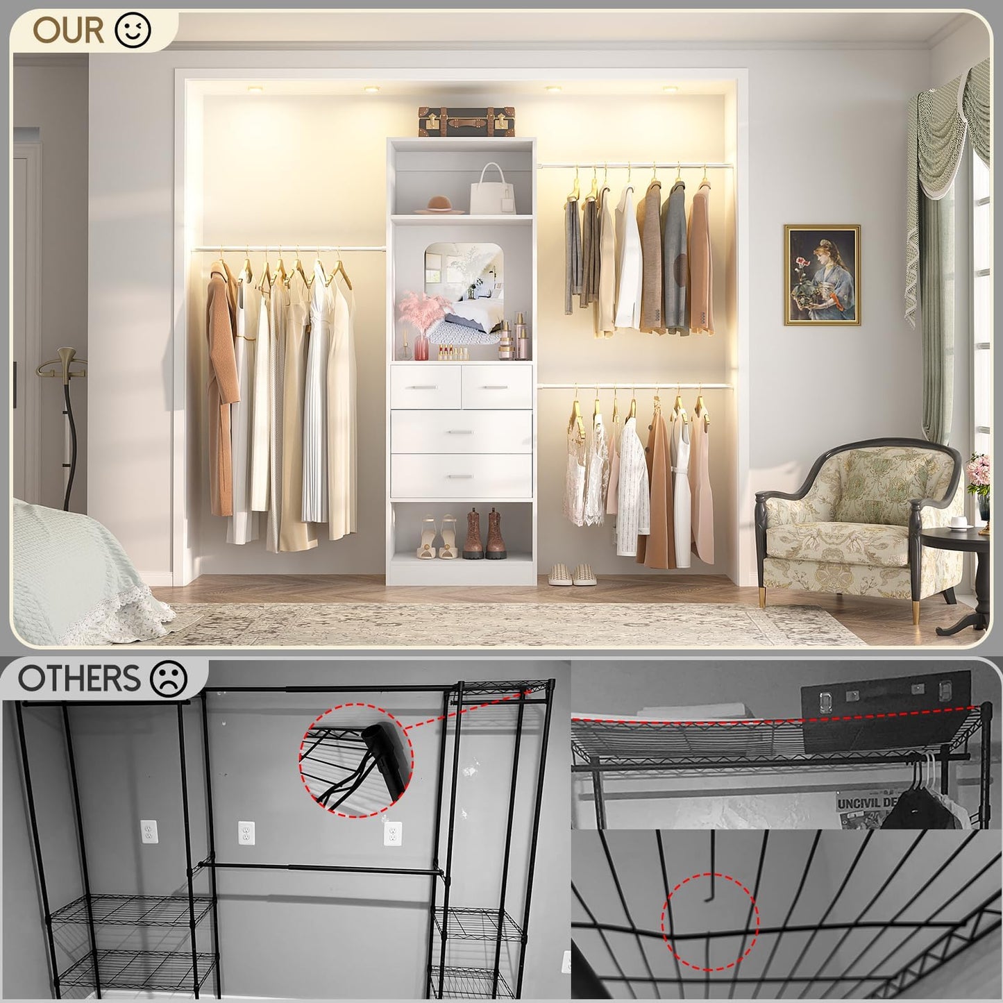Unikito 48" W - 96” W Closet Organizer, 8FT Walk in Closet Systems Starter Kit with 25” Tower and 3 Extendable Hanging Rods, Sturdy Wood Garment Rack with 4 Drawers and Mirror, Max Load 1000 LBS White