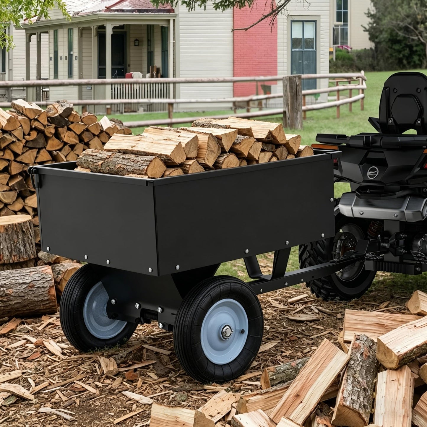 YINTATECH ATV Trailer Steel Dump Cart, Heavy Duty Pull Behind Dump Trailer with Removable Tailgate, Yard Garden Utility Trailer for Lawn Mower Trailer Tractor, 350lbs Capacity, Black
