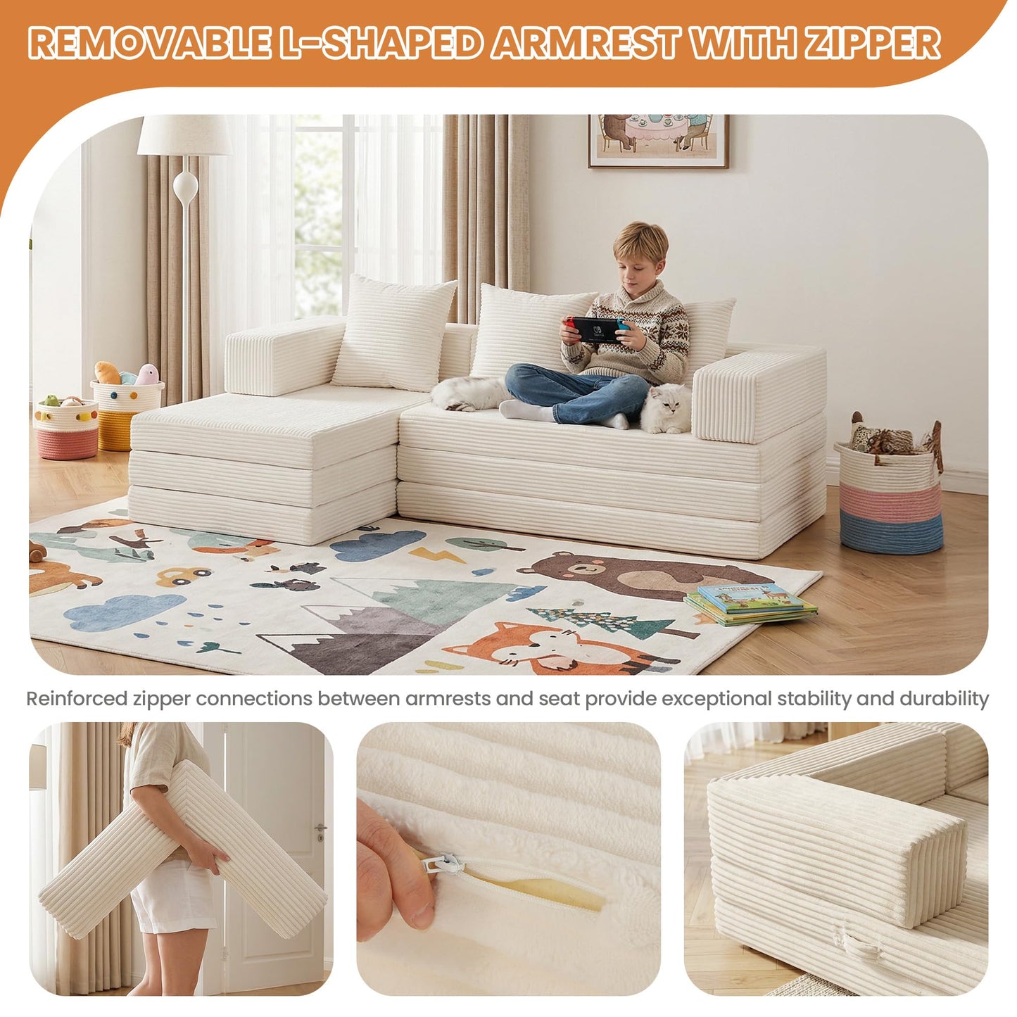65" Boneless Couch,Convertible Sleeper Sofa Bed, Modular Sectional Sofa, Modern Tri-Folding Cloud Couch with L-Shape Chaise, Corduroy Futon Couches for Living Room Small Spaces Apartment,No Assembly