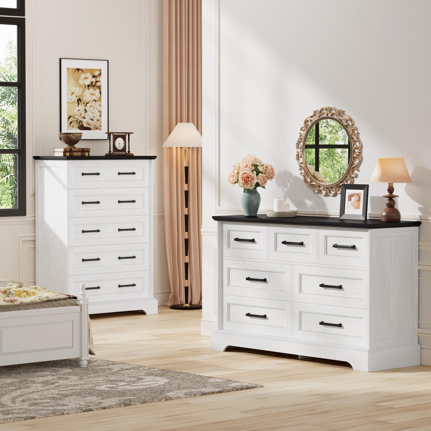 Furmax Farmhouse Dresser for Bedroom, 7 Drawers Dresser, Wood Chest of Drawers, 47.5" Wide Storage Dressers Organizer for Bedroom, Living Room, White and Black