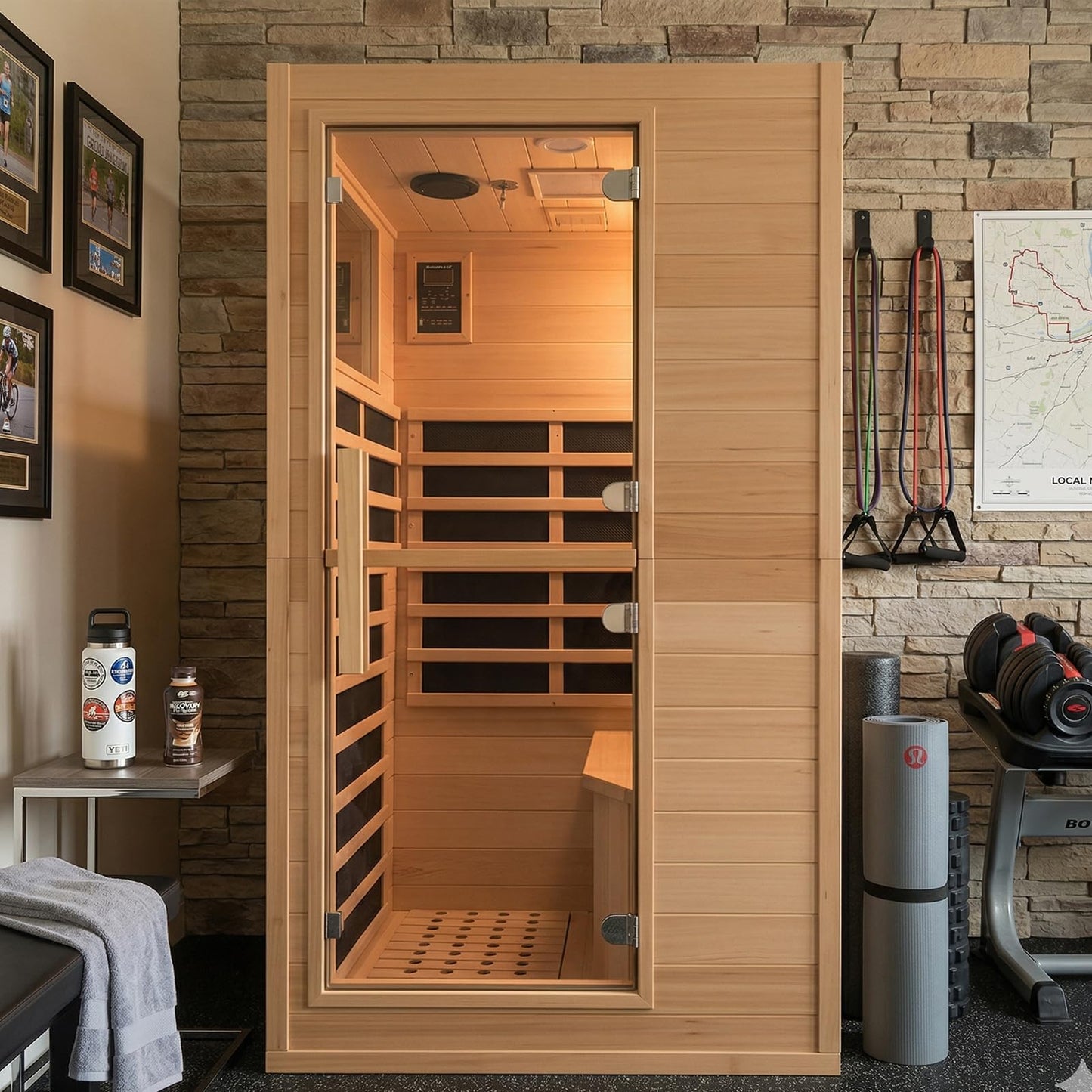 1-Person Indoor Far Infrared Sauna - Canadian Hemlock, 5 Heat Panels, 7-Color Lights, Bluetooth, Oxygen Bar, 110V/1200W, Snap Buckle Easy Assembly, 104-140°F, Ideal Wellness Gift for Home Spa