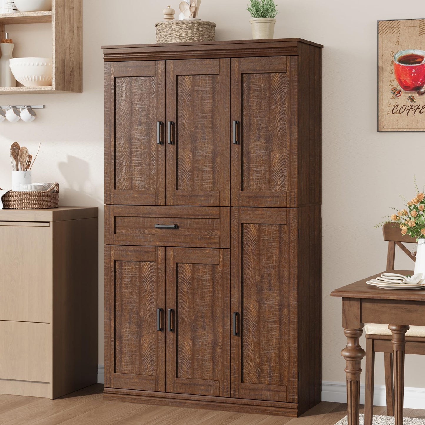Garvee 70" Tall Kitchen Pantry Storage Cabinet, Modern Kitchen Hutch Cabinet with Doors and Shelves, Freestanding Food Pantry with Large Storage Drawer for Dining Room and Household Organization