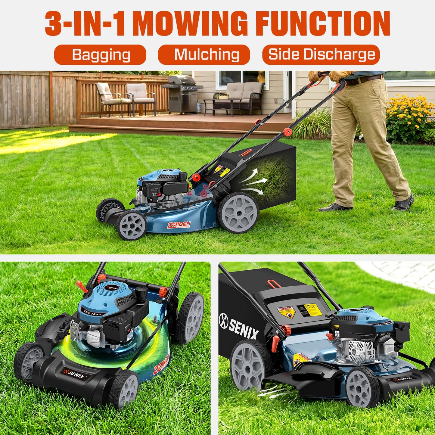 SENIX 22 Inch 3-in-1 Gas Lawn Mower, 201cc Rear Wheel Single Speed Self-Propelled Mower, 4-Cycle Engine, Steel Deck, Mulching, Bagging, Discharging, 6-Position Cutting Height Adjustable, for Yard