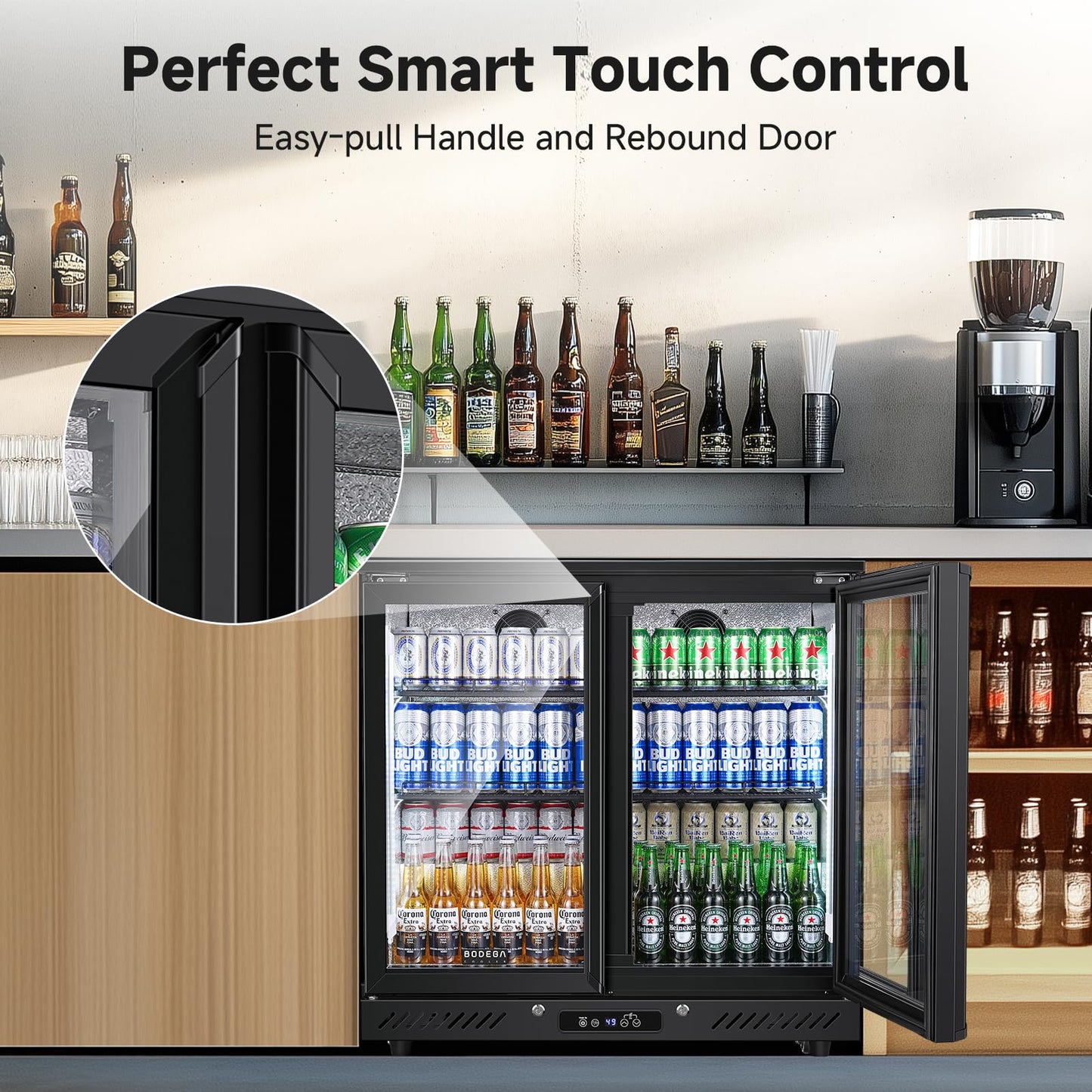 BODEGACOOLER 2 Door Back Bar Cooler, 7.4 Cu.Ft Commercial Beverage Refrigerator, Under Counter Drink Fridge with Glass Doors, Holds 209 Cans/117 Bottles, LED Lighting, Stainless Steel Top & Casters