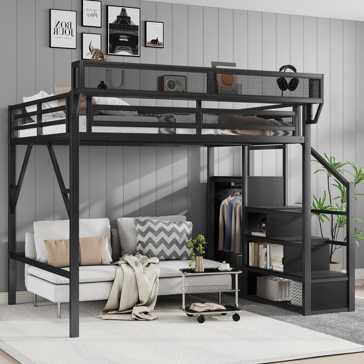 KEIKI Queen Size Metal Loft Bed Frame with Convertible Staircase, Built-in Storage Shelves and Wardrobe, Loft Bed with Solid Slats, Guardrail, No Box Spring Required, Easy Assembly, for Bedroom, Black