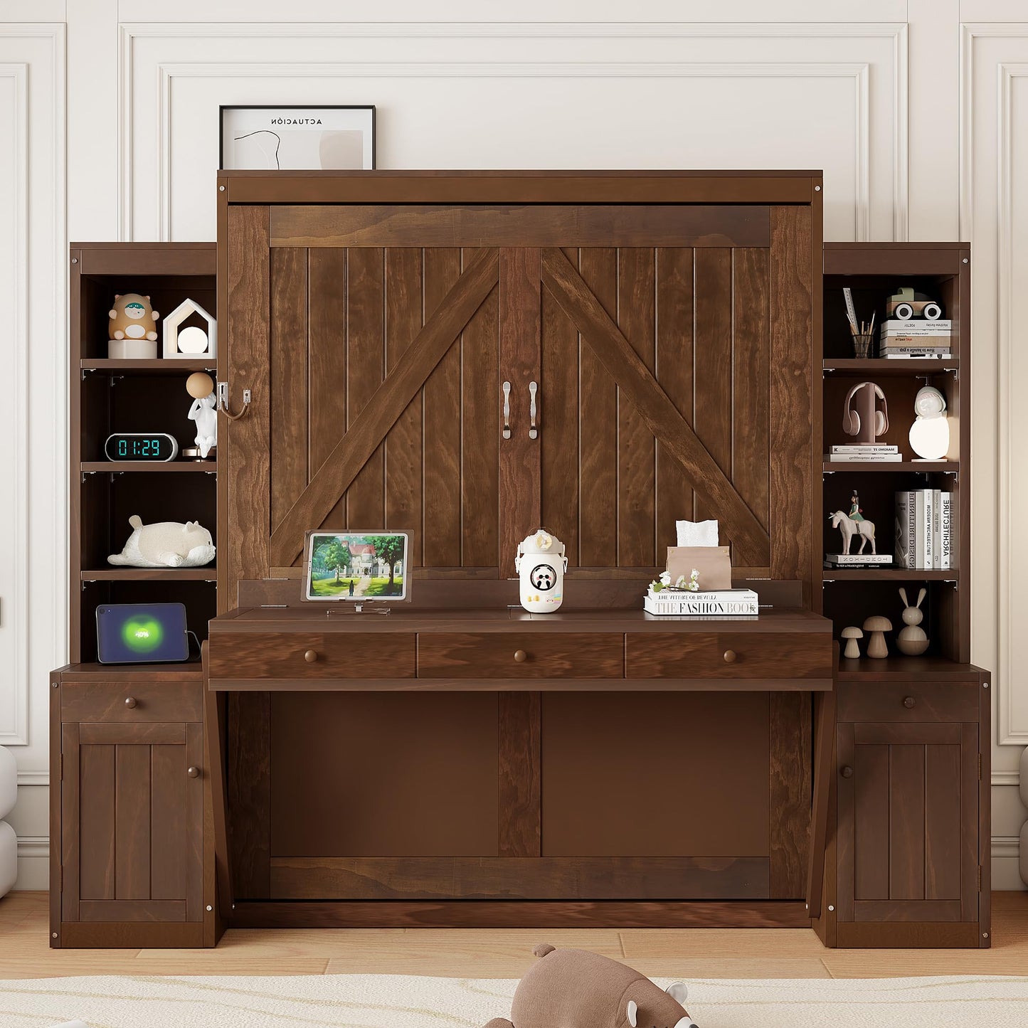 Merax Murphy Bed with Desk, Storage Cabinets and Drawers, Wood Wall Bed with Shelves, Convert to Cabinet, Space-Saving, Queen Size, Dark Brown