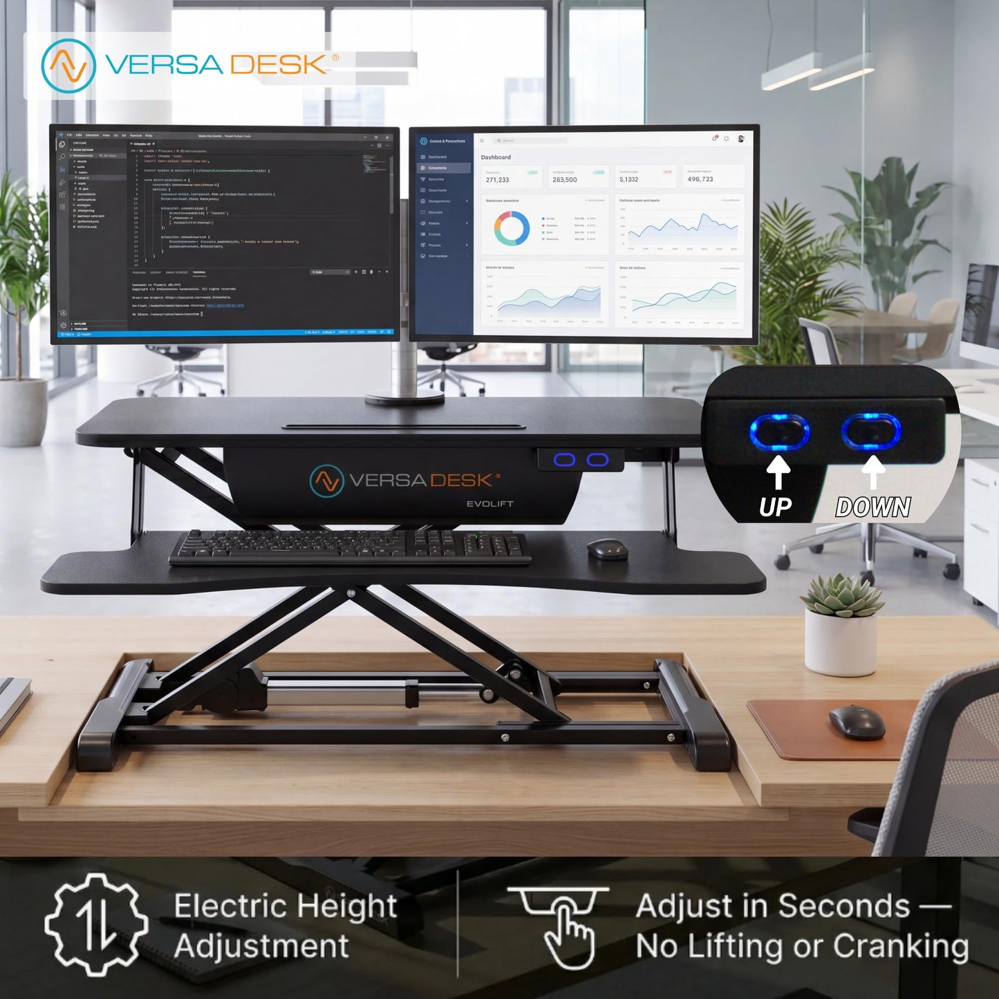 VERSADESK EvoLift 32" Electric Standing Desk Converter, Sit to Stand Motorized Desk Riser, 1-Button Easy Lift, Dual Monitor Workstation, Wide Keyboard Tray, Built-in Device Stand, Black