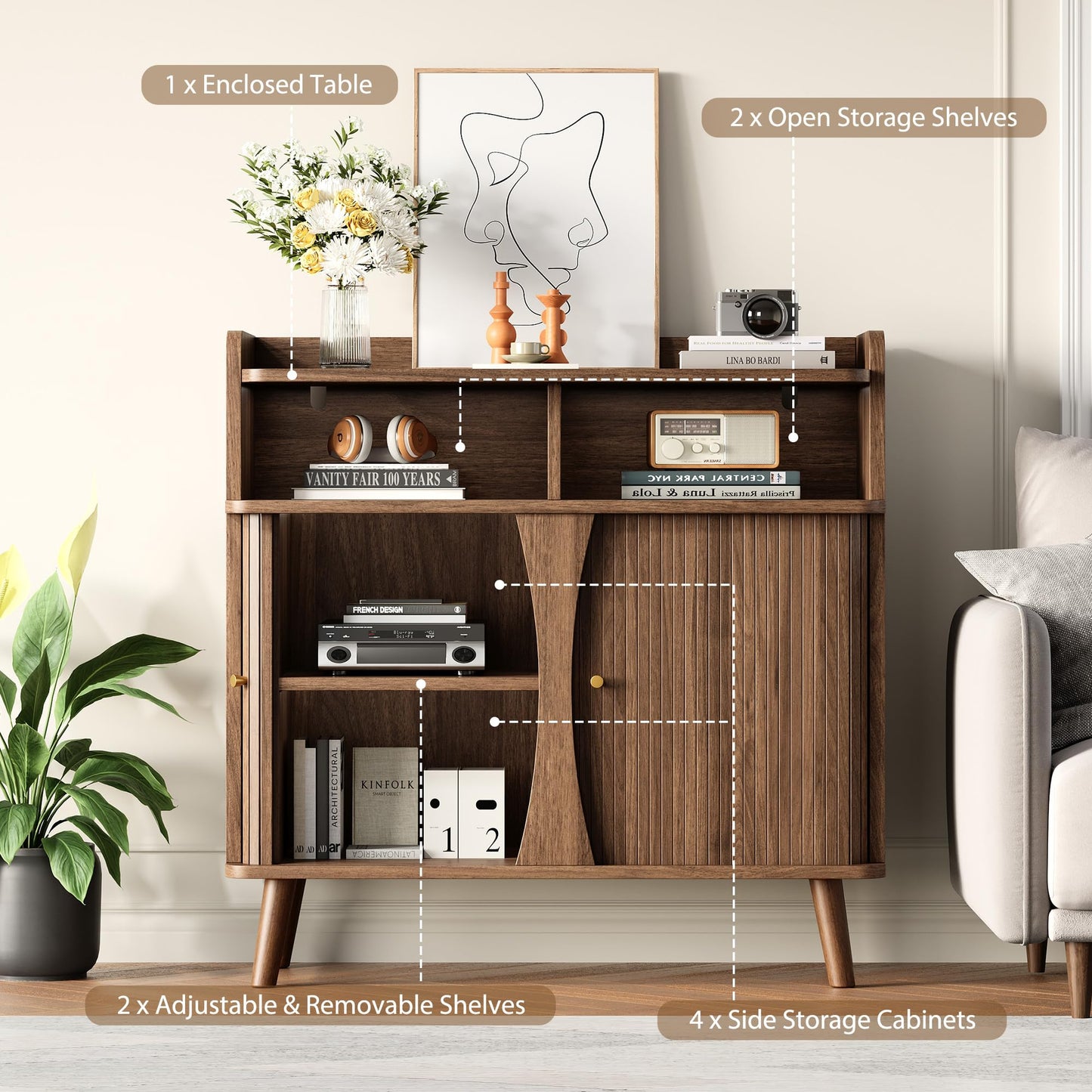 Decofy 39" Buffet Sideboard Cabinet, Mid Century Modern Console Cabinet with Roller Shutter Sliding Doors & Adjustable Shelves for Kitchen Cabinets, Living Room, Entryway, Coffee Bar Cabinet (Walnut)