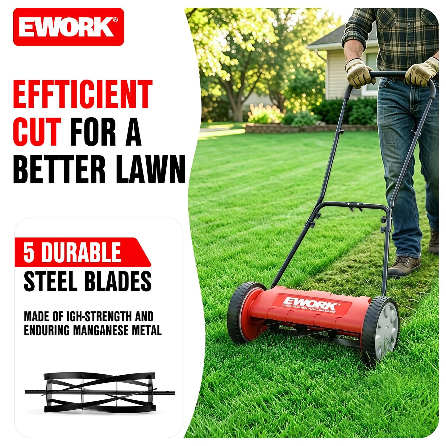 EWORK Push Reel Lawn Mower, 23-Inch Manual Lawn Mower with 4 Adjustable Cutting Heights, 5-Blade Cutting System, Sponge-Wrapped Handle, Tool-Free Assembly, Reel Mowers for Garden, Small Yard