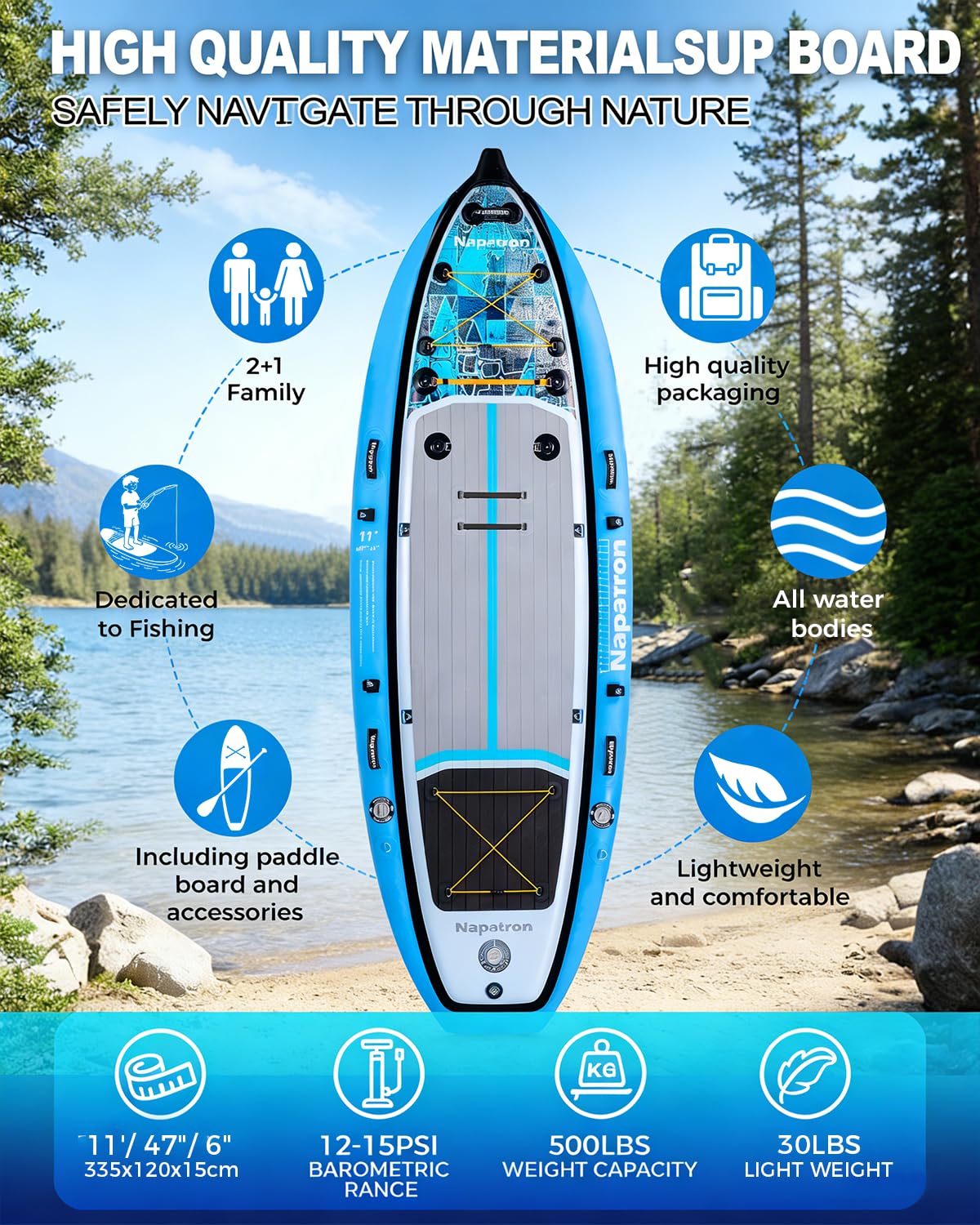 Napatron Inflatable Fishing Board, 11'x47''Heavy-Duty Inflatable Fishing Float Platform, Built-in Rod Holders & Carry Bag，Portable Fishing Raft for Saltwater/Freshwater Lake Beach Ocean
